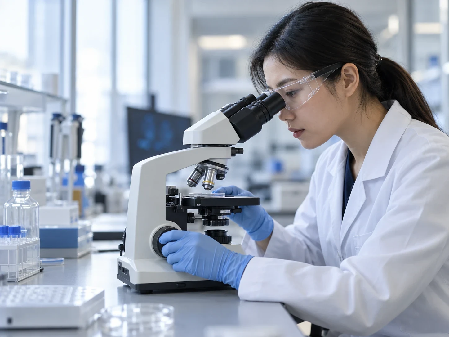 Researcher examining a sample under a microscope in a laboratory
