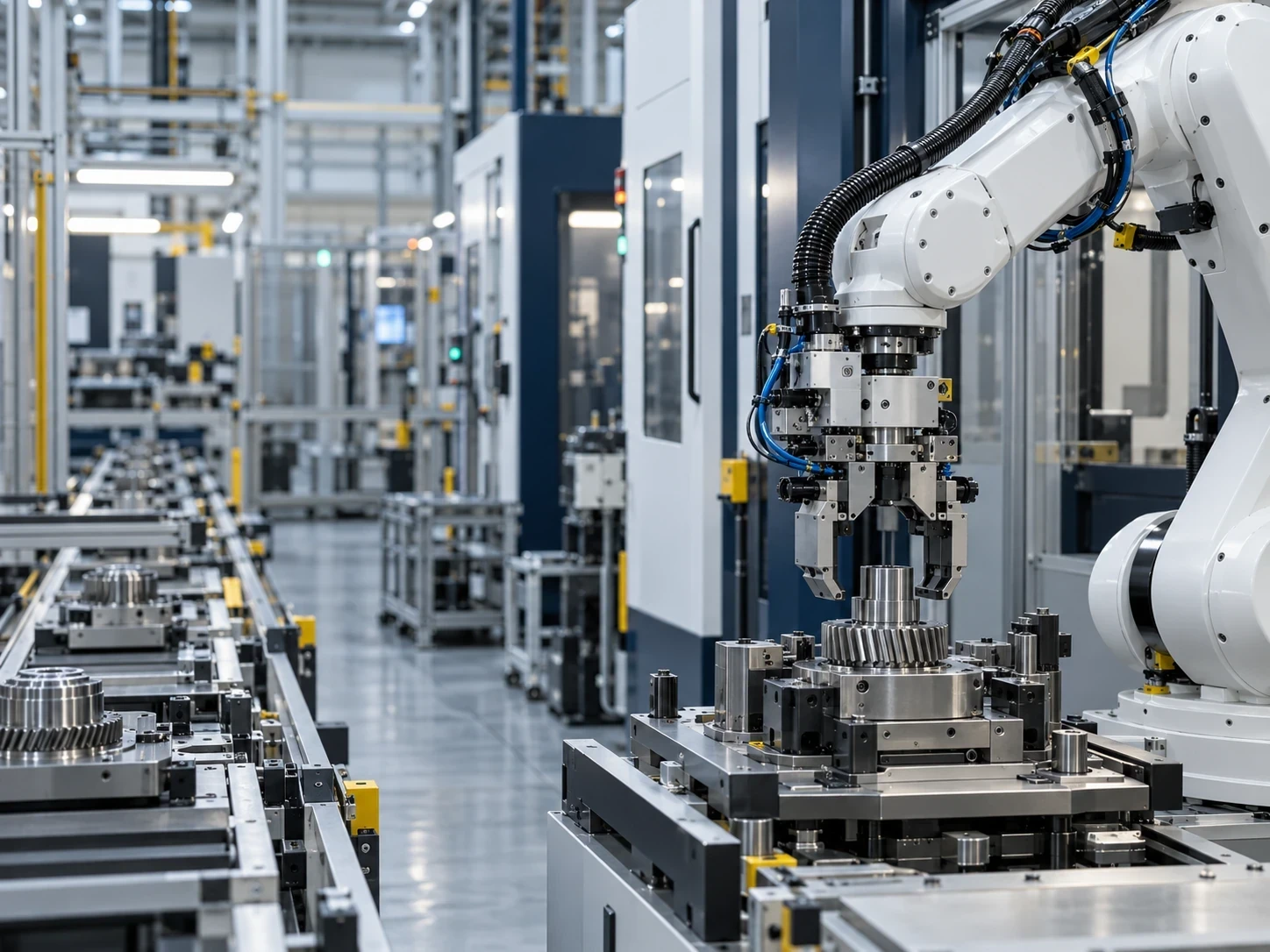 Industrial robotic arms working on an automated production line
