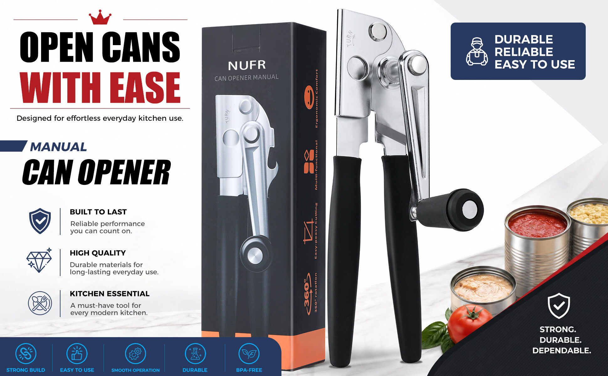 NUFR Crank Can Openers Manual,Heavy Duty Commercial Can Opener with Rubber-coated Long Handles - Detail 1