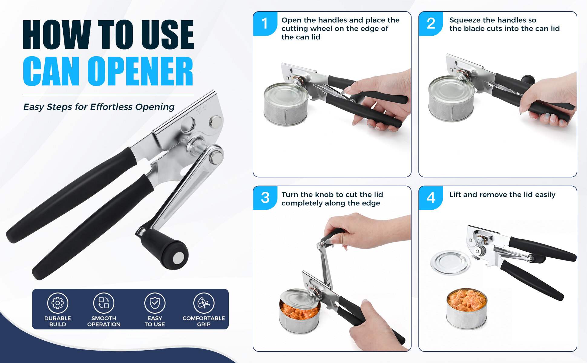 NUFR Crank Can Openers Manual,Heavy Duty Commercial Can Opener with Rubber-coated Long Handles - Detail 3