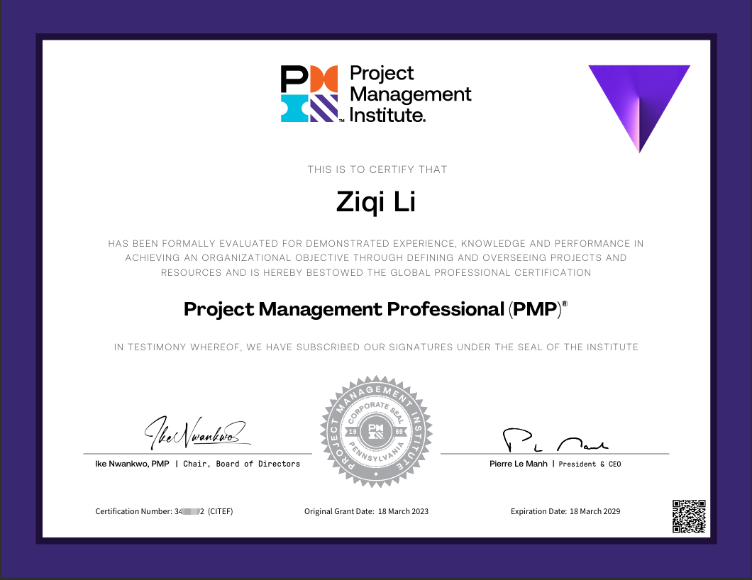 PMP 项目管理专业认证证书 - Ziqi Li