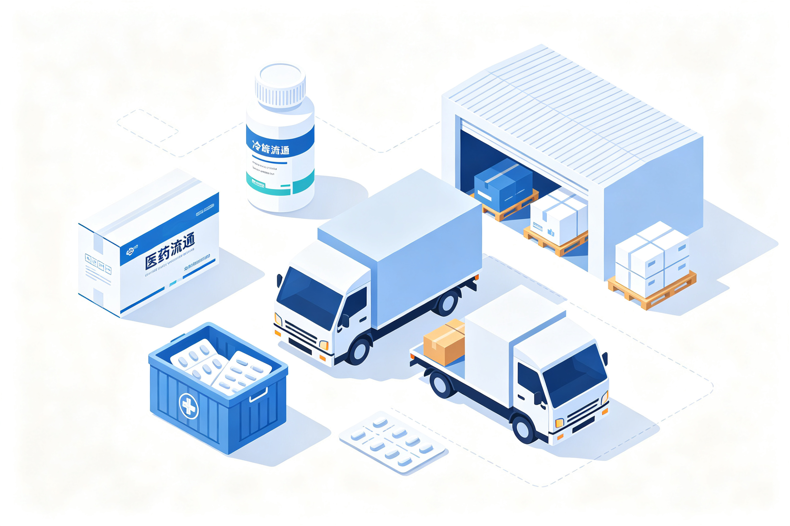 Illustration of evenly spaced trucks in a pharmaceutical cold chain logistics warehouse