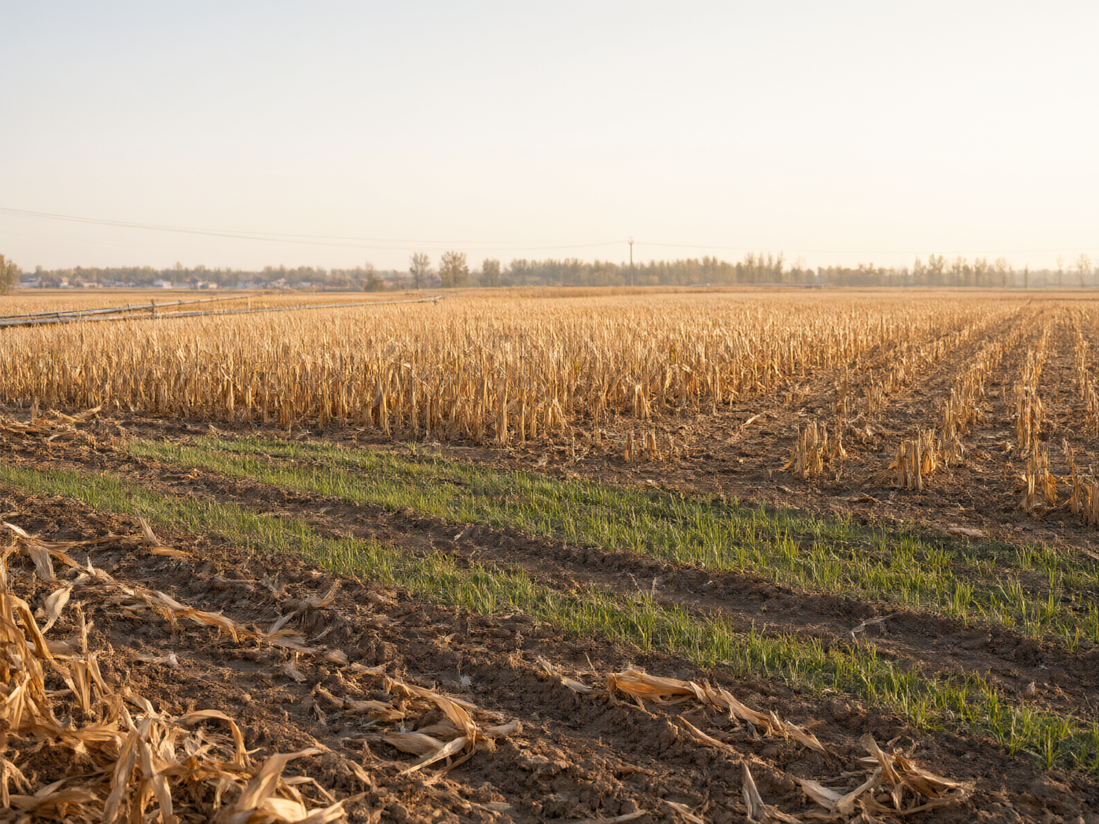 Farmland in the North China Plain after autumn harvest, showing newly sown winter wheat and leftover corn stalks.