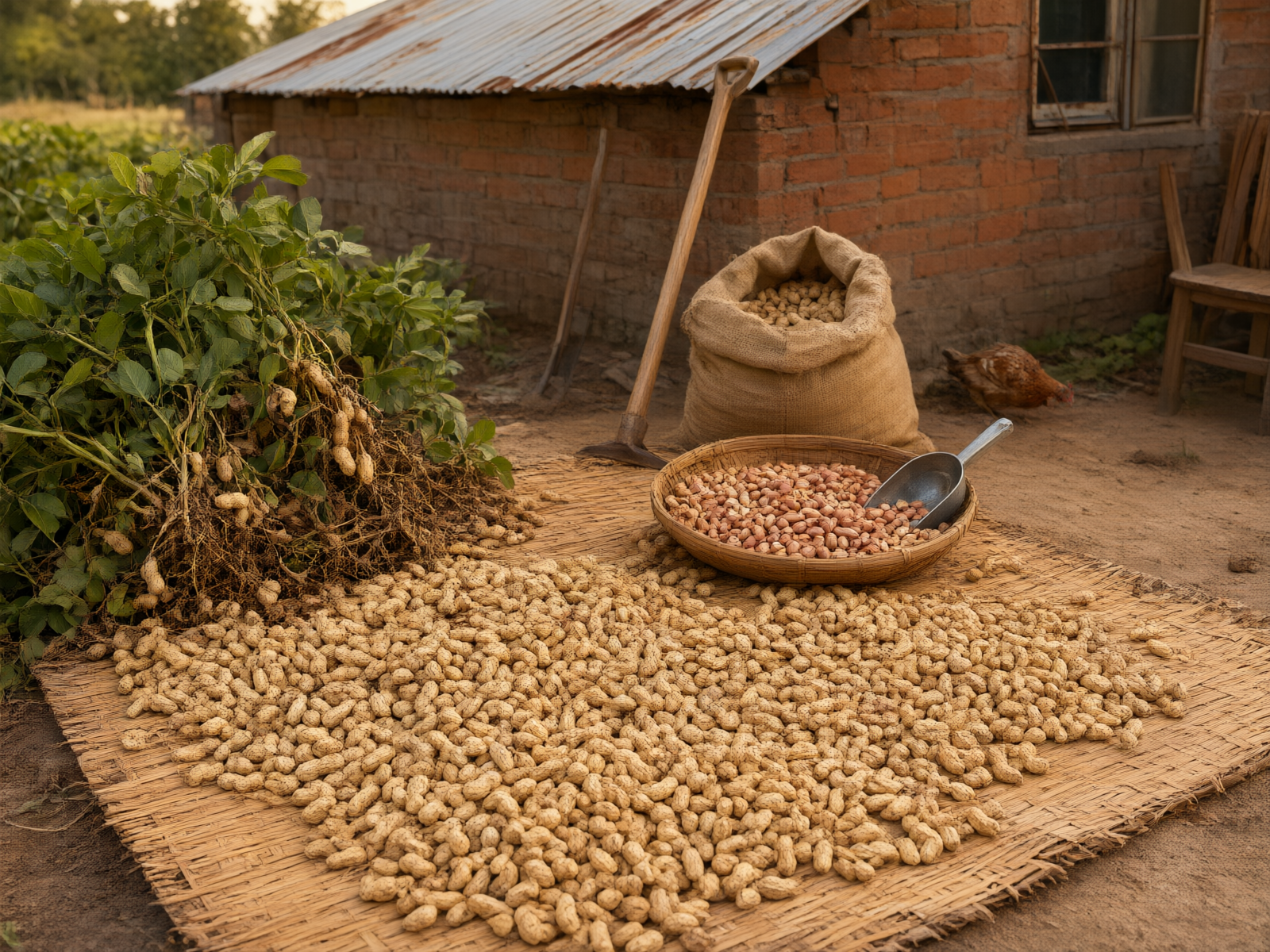 Shelled peanuts drying in a farmhouse courtyard