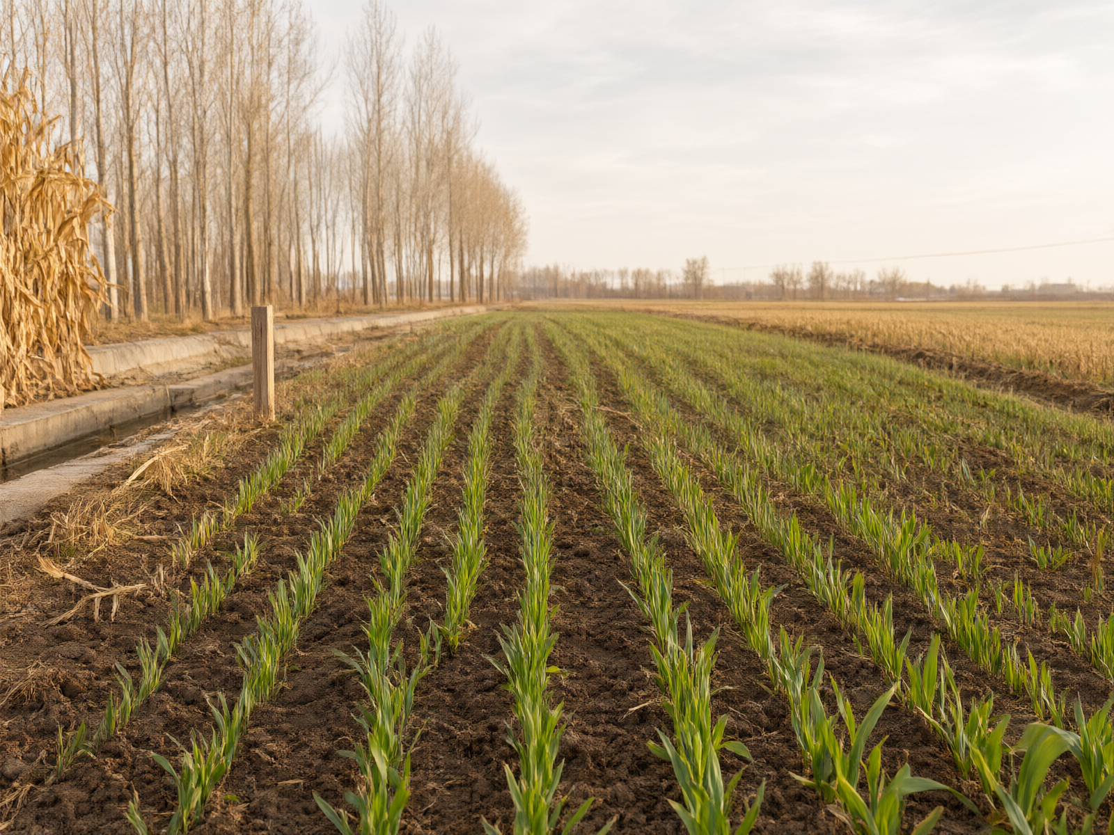 Winter wheat fields in central and southern Hebei, with uniform seedling emergence; shelterbelts visible in the distance.