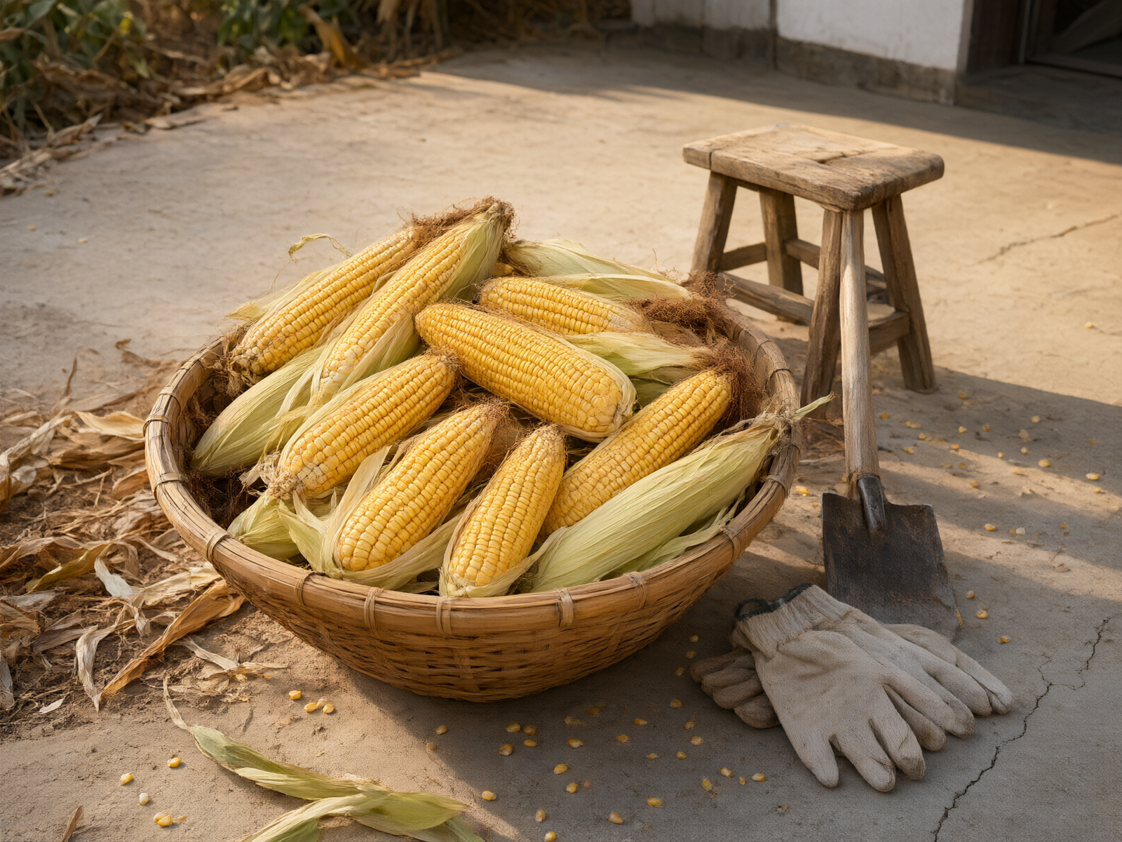 Freshly harvested corn cobs piled in a woven bamboo basket, plump and full.