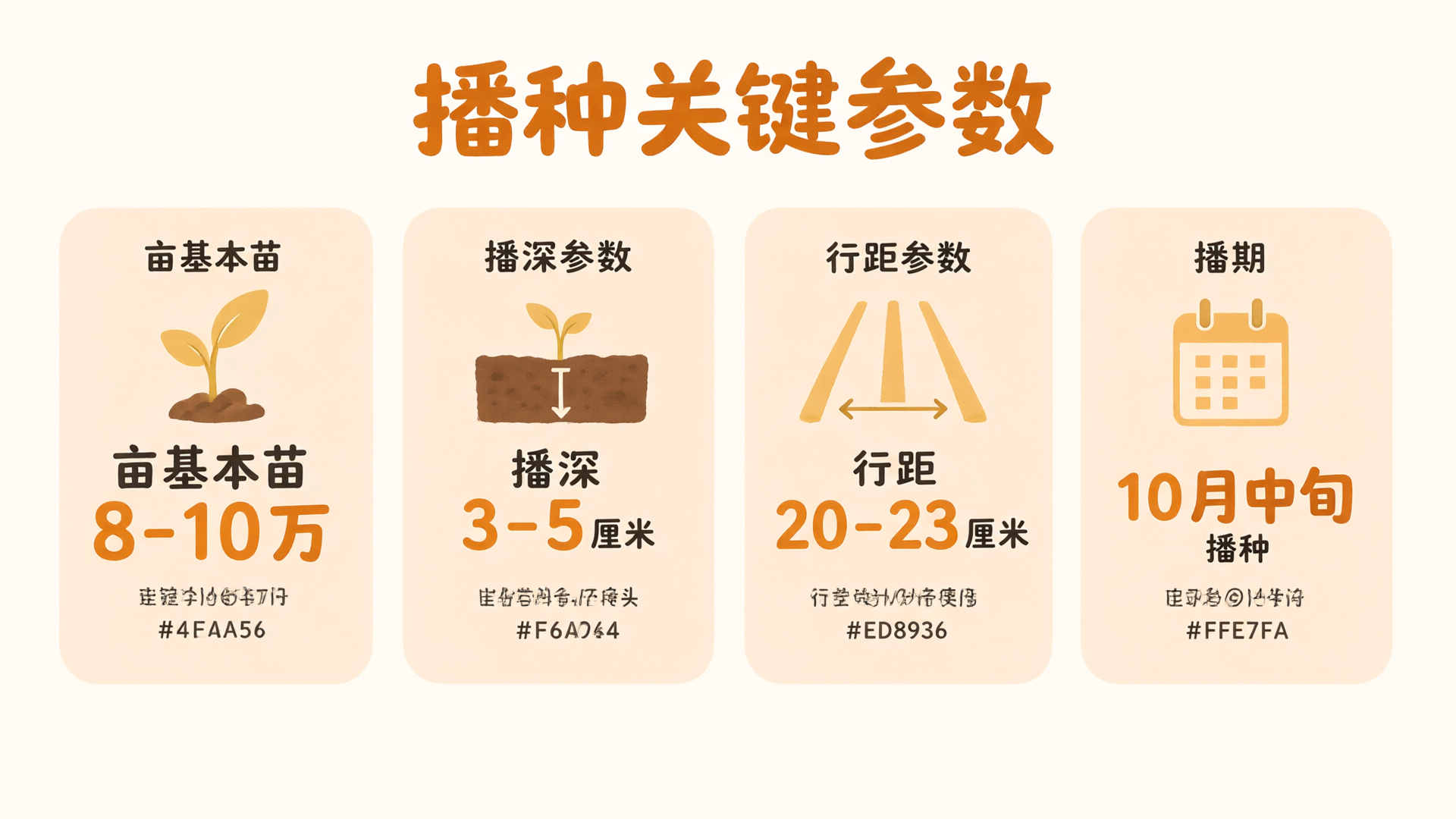 播种关键参数：亩基本苗8-10万、播深3-5厘米、行距20-23厘米、10月中旬播期