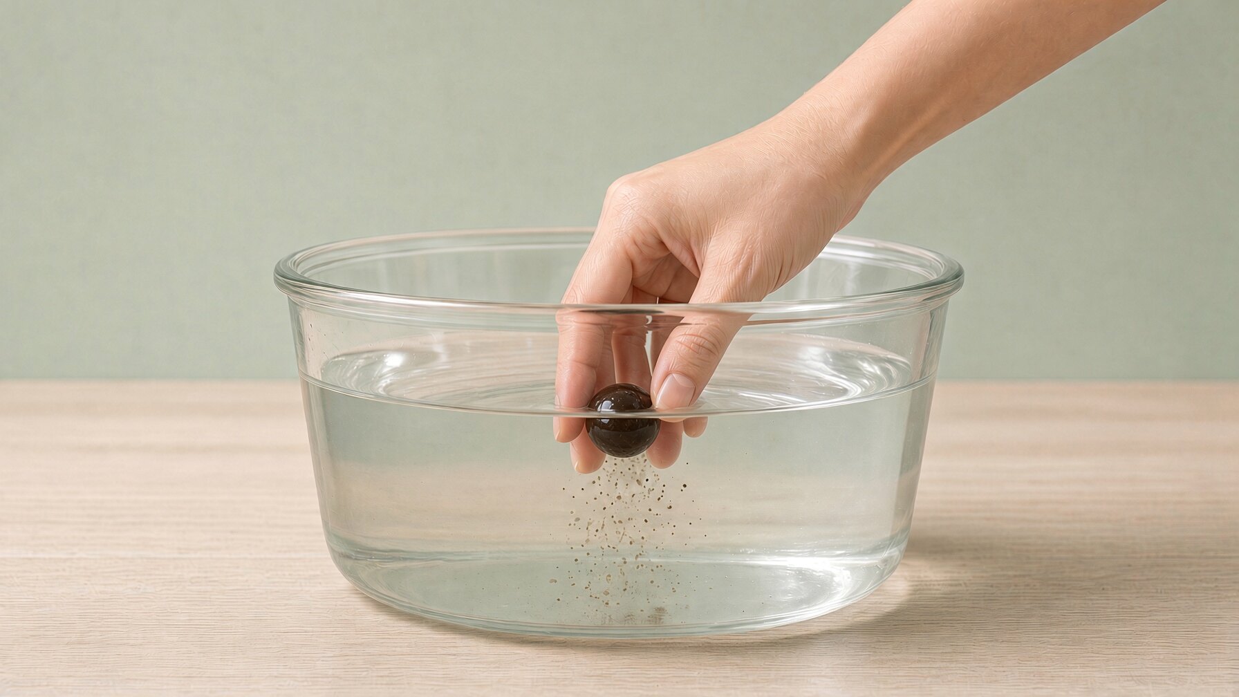Hand gently squeezing one foot soak ball in a glass basin of warm water