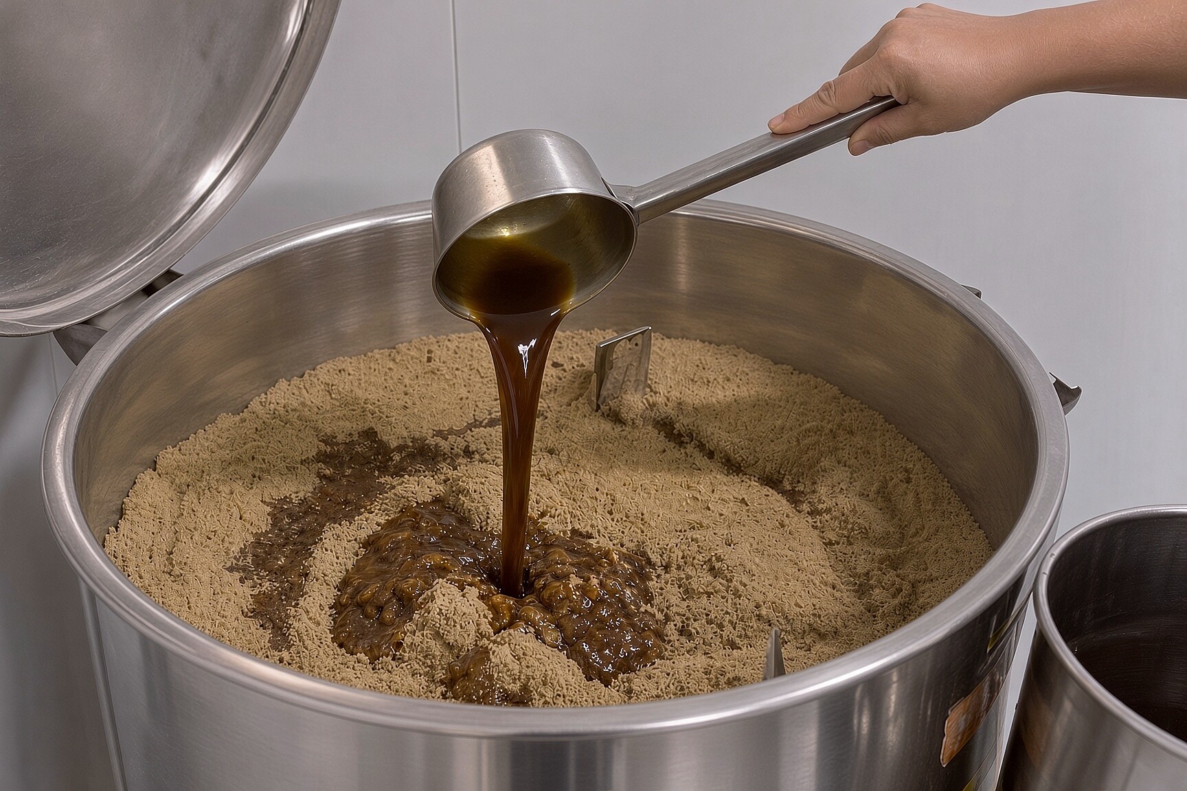 Herbal concentrate being ladled back into herbal powder in a stainless steel mixing tank