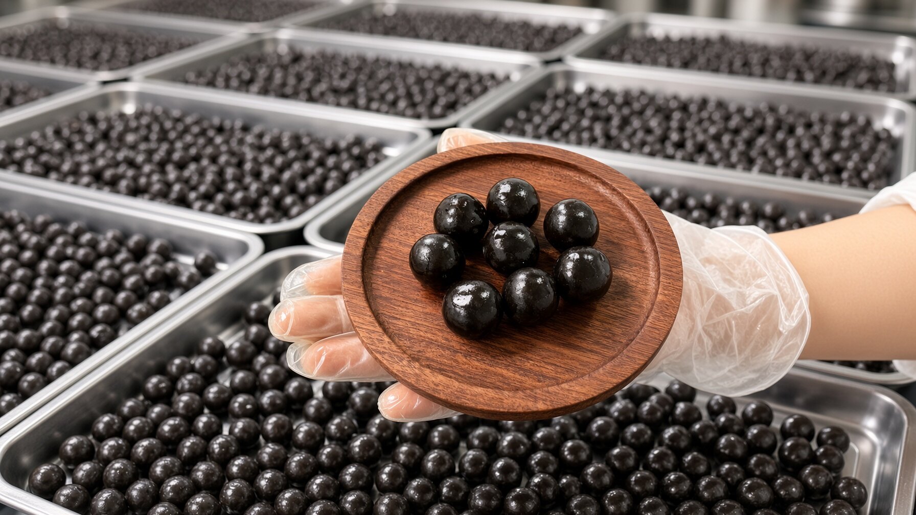 Gloved hand holding a wooden plate with smooth dark herbal foot soak balls