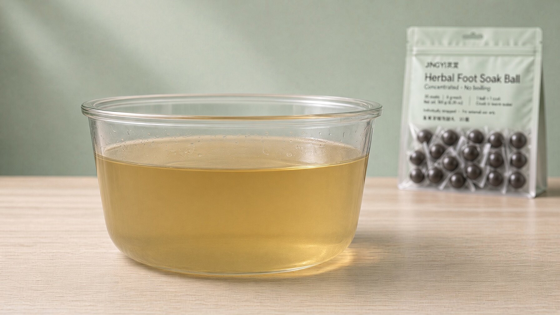 Glass basin with light tea-colored foot soak water, product pouch blurred behind