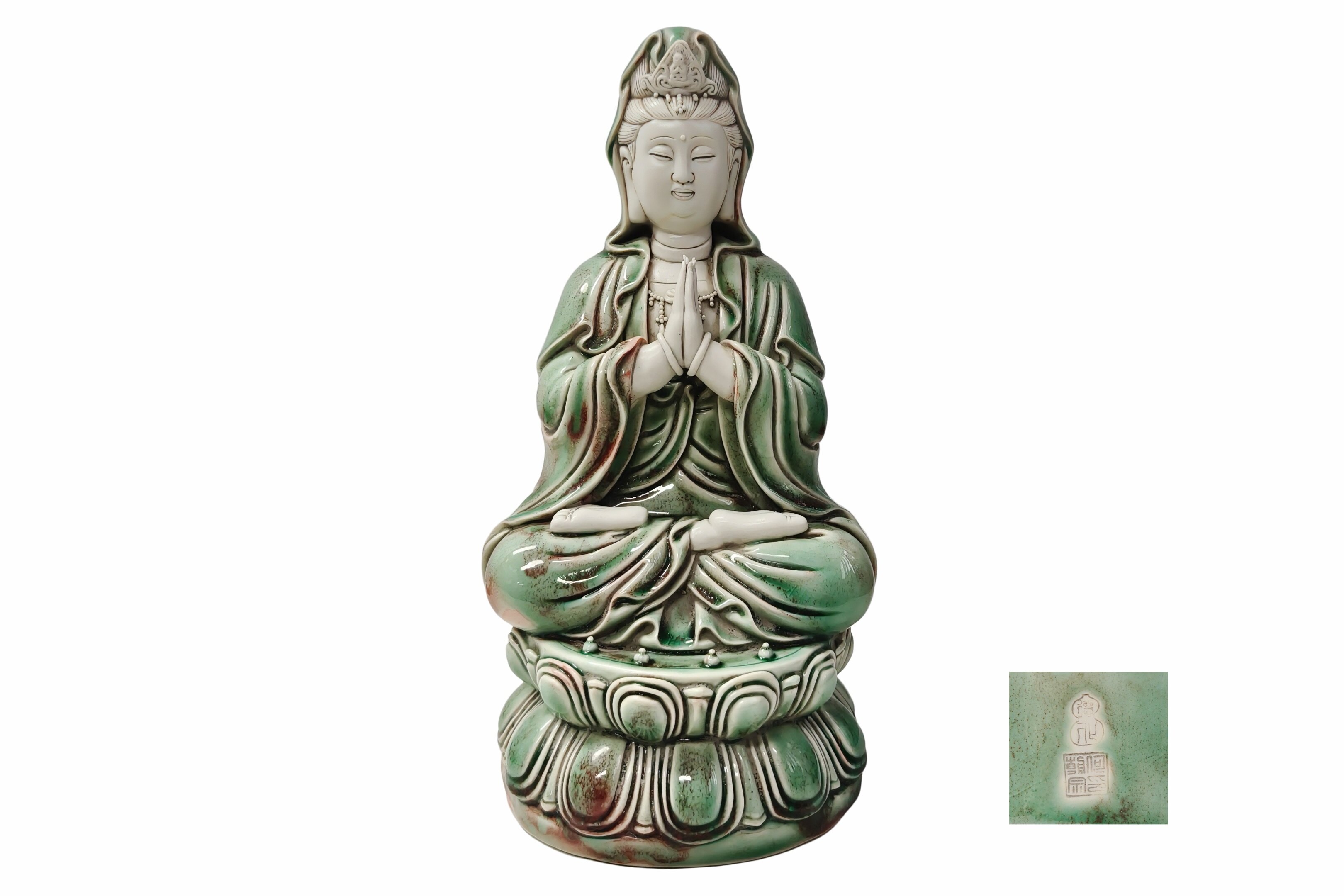 Guanyin of the Ten Thousand Hands Seated Statue in Green Glaze by He Chaozong