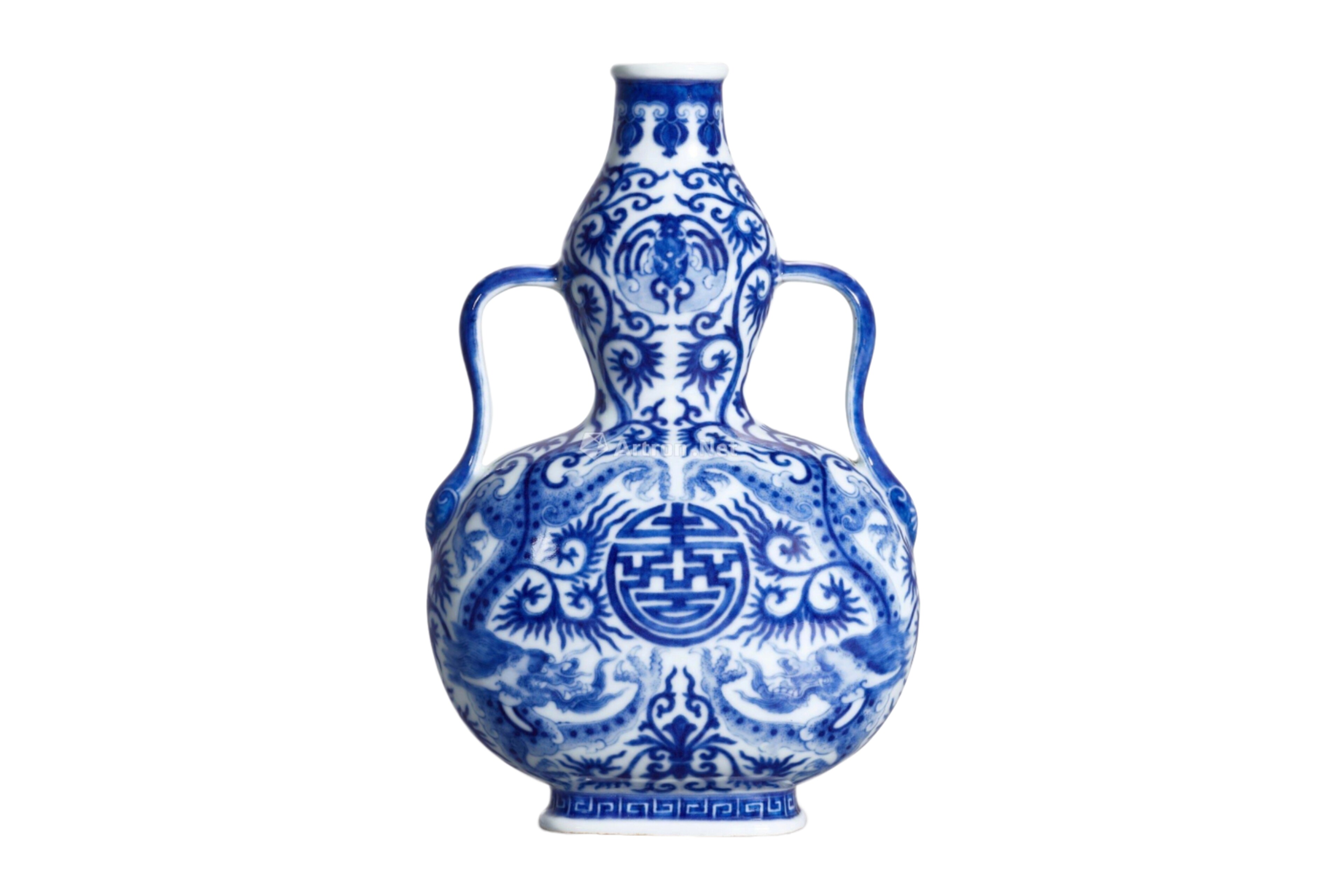 Qianlong Period, Qing Dynasty: Blue and White Gourd-Shaped Vase with Ruyi Handles Depicting a Swimming Dragon Offering Longevity