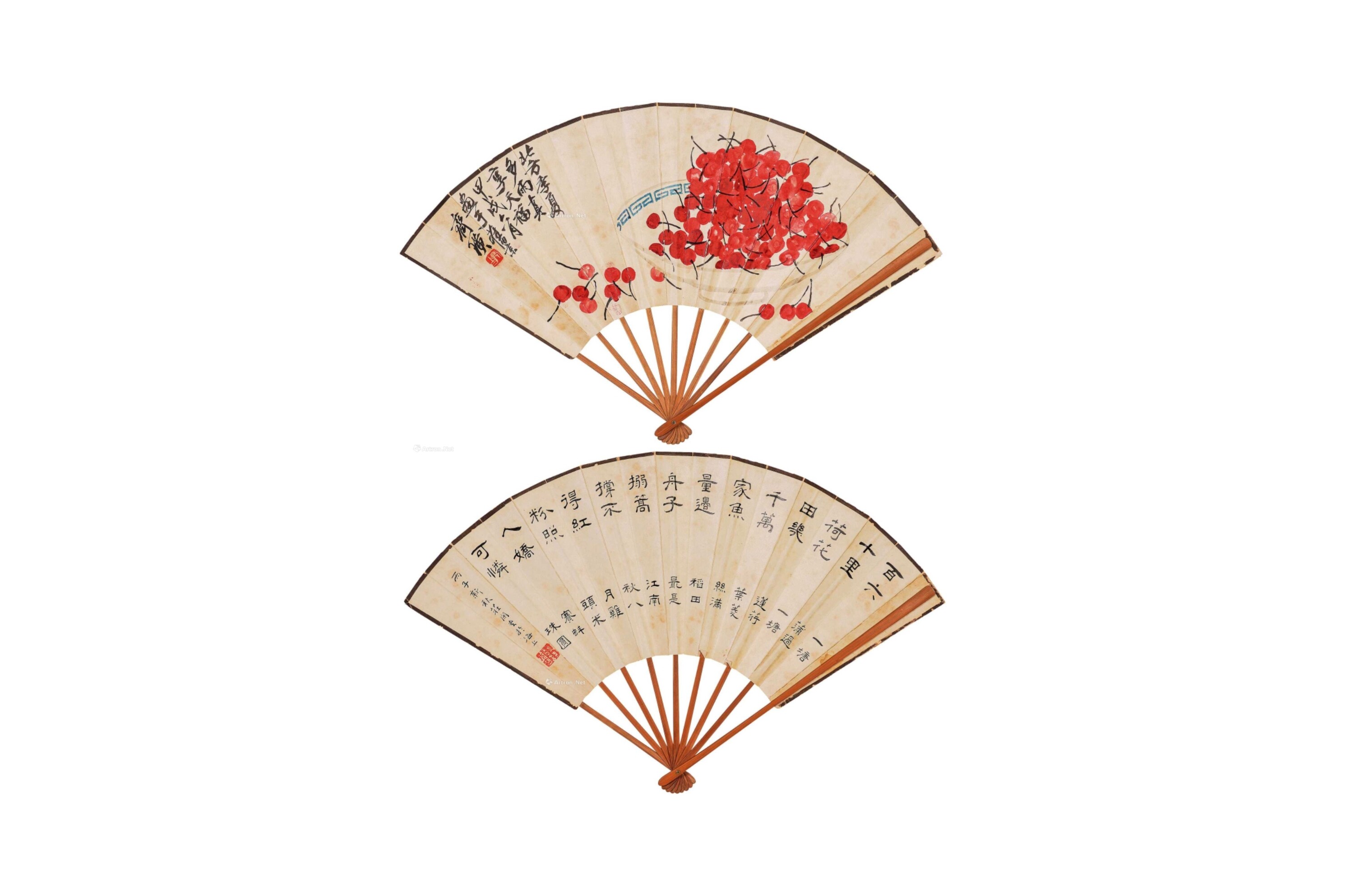 Cheng Fan: "Red Cherries" in Clerical Script by Qi Baishi and Zhuang Xian