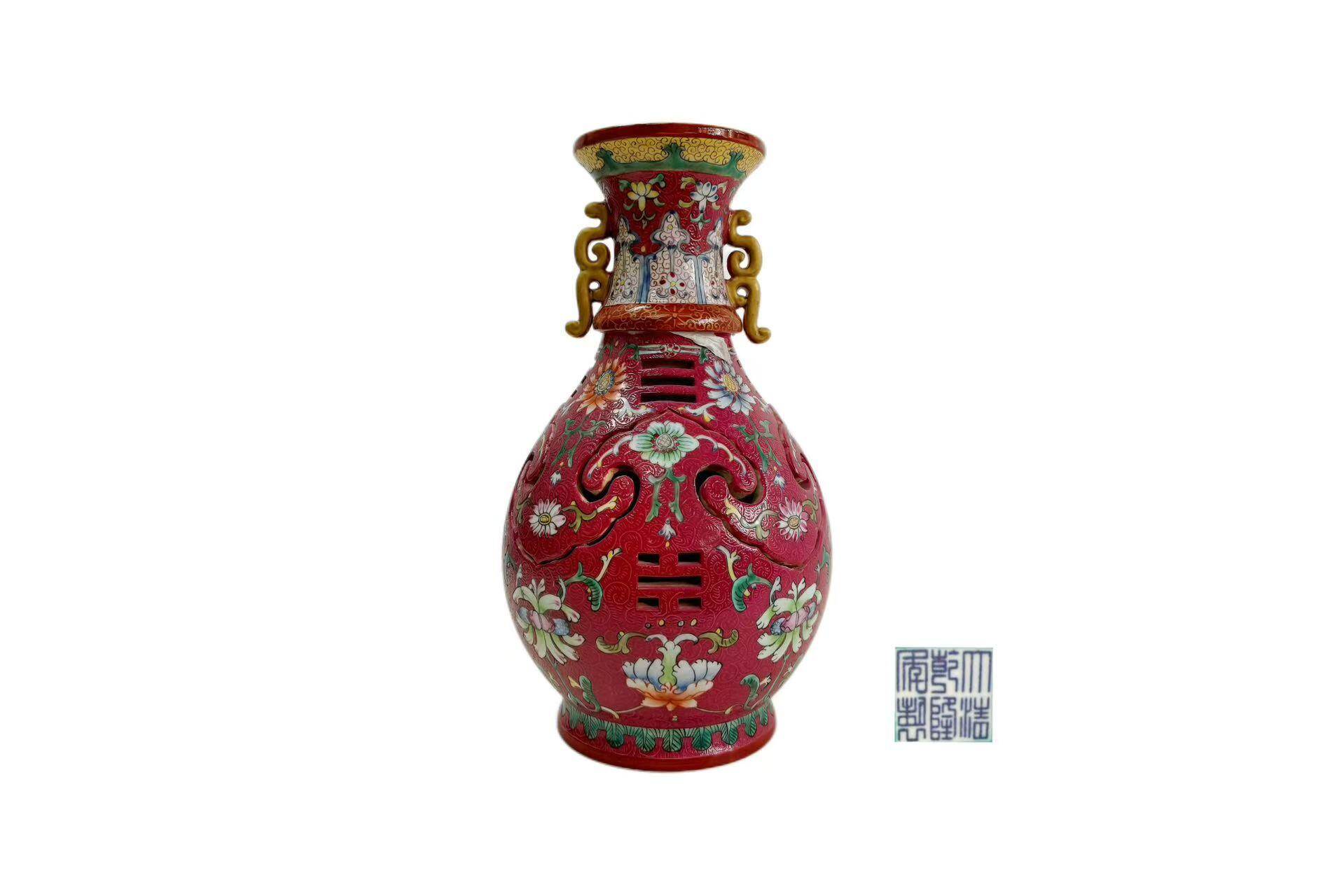 Qianlong Period, Qing Dynasty, Red Enamel Ground with Cloisonné Painted Rotating Vase