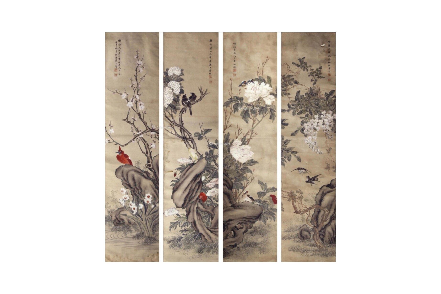 Sun Yuqing (Inscribed) Four-Panel Flower-and-Bird Screen