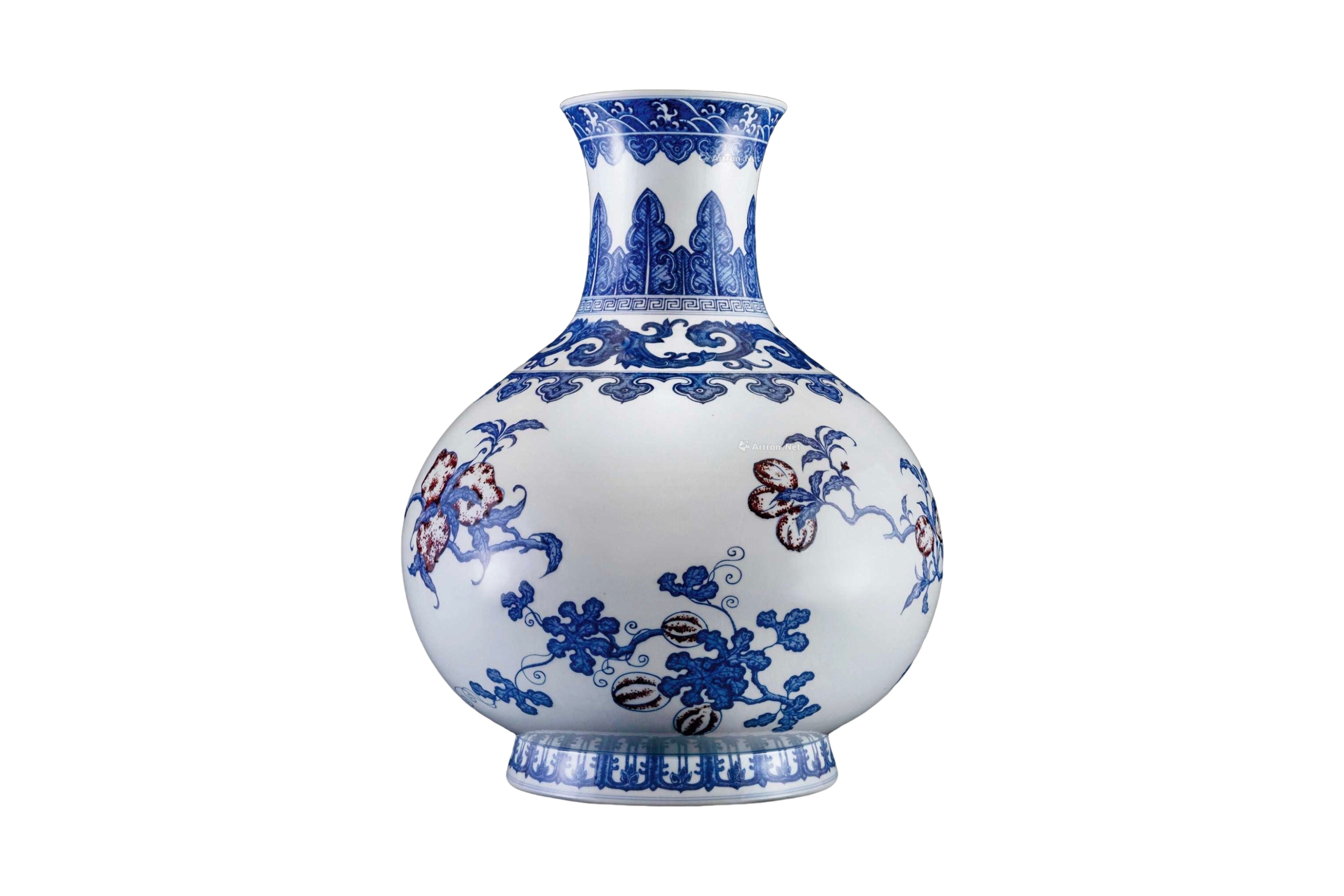 Qing Yongzheng Period Blue-and-White with Red Underglaze Vase Decorated with Sprays of Fruits
