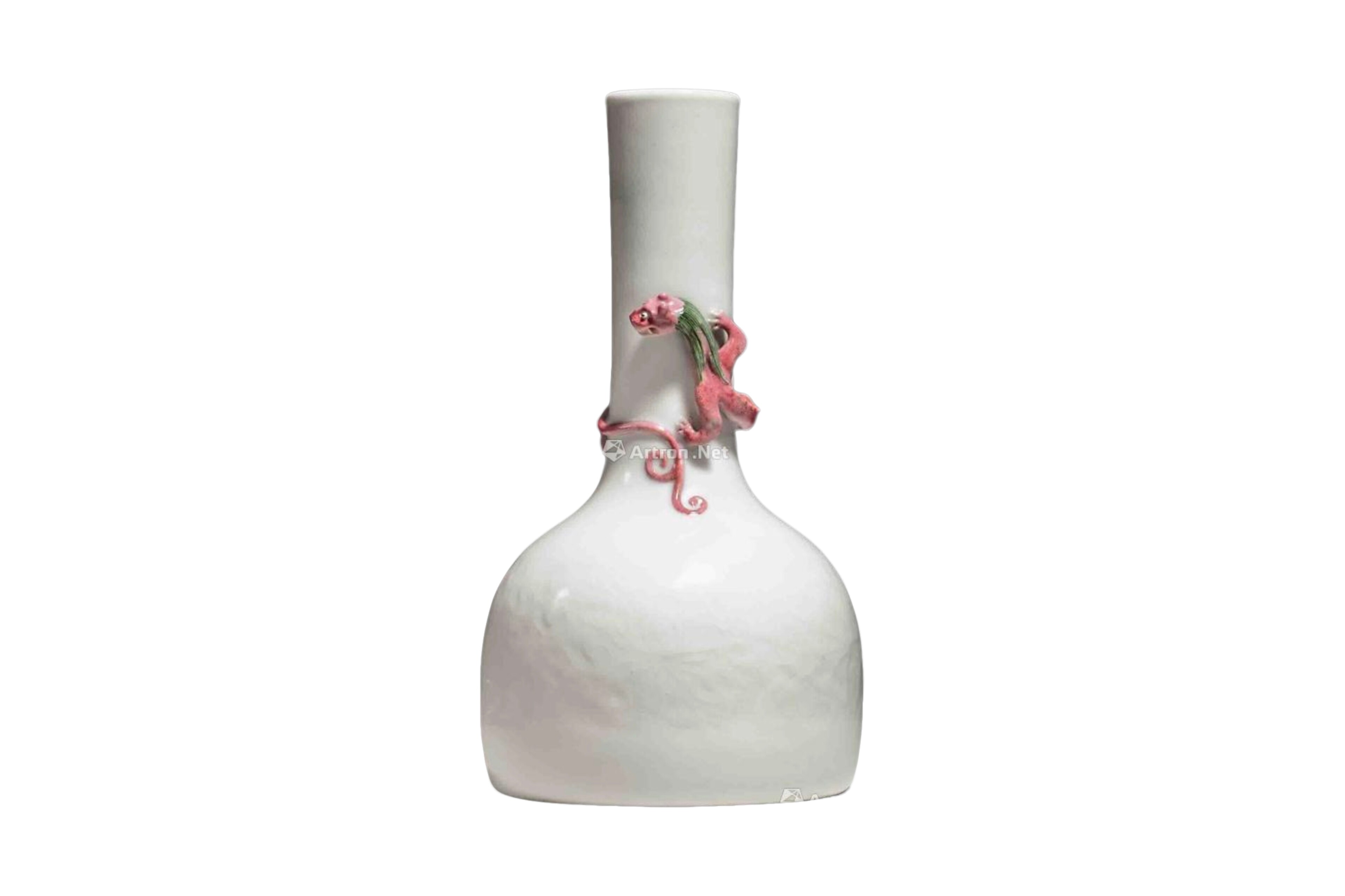 Qing 18th Century, White Glaze with Incised and Raised Designs of Pink-Figured Chi-Dragon Motif on a Vase in the Shape of a Handbell