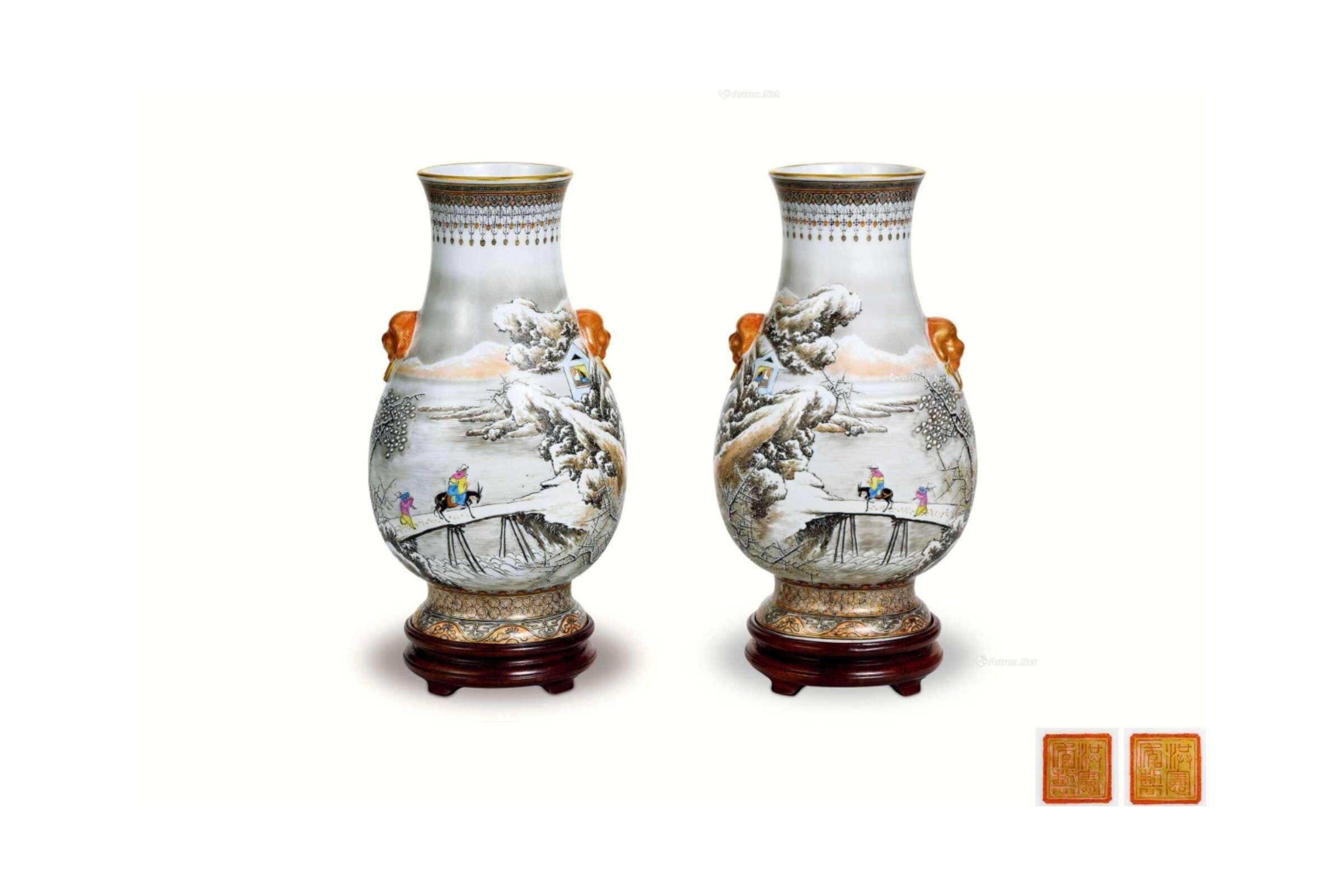 A Pair of Republic of China Famille Rose Vases with Poems and "Snowy Wind at Baqiao Bridge" Design