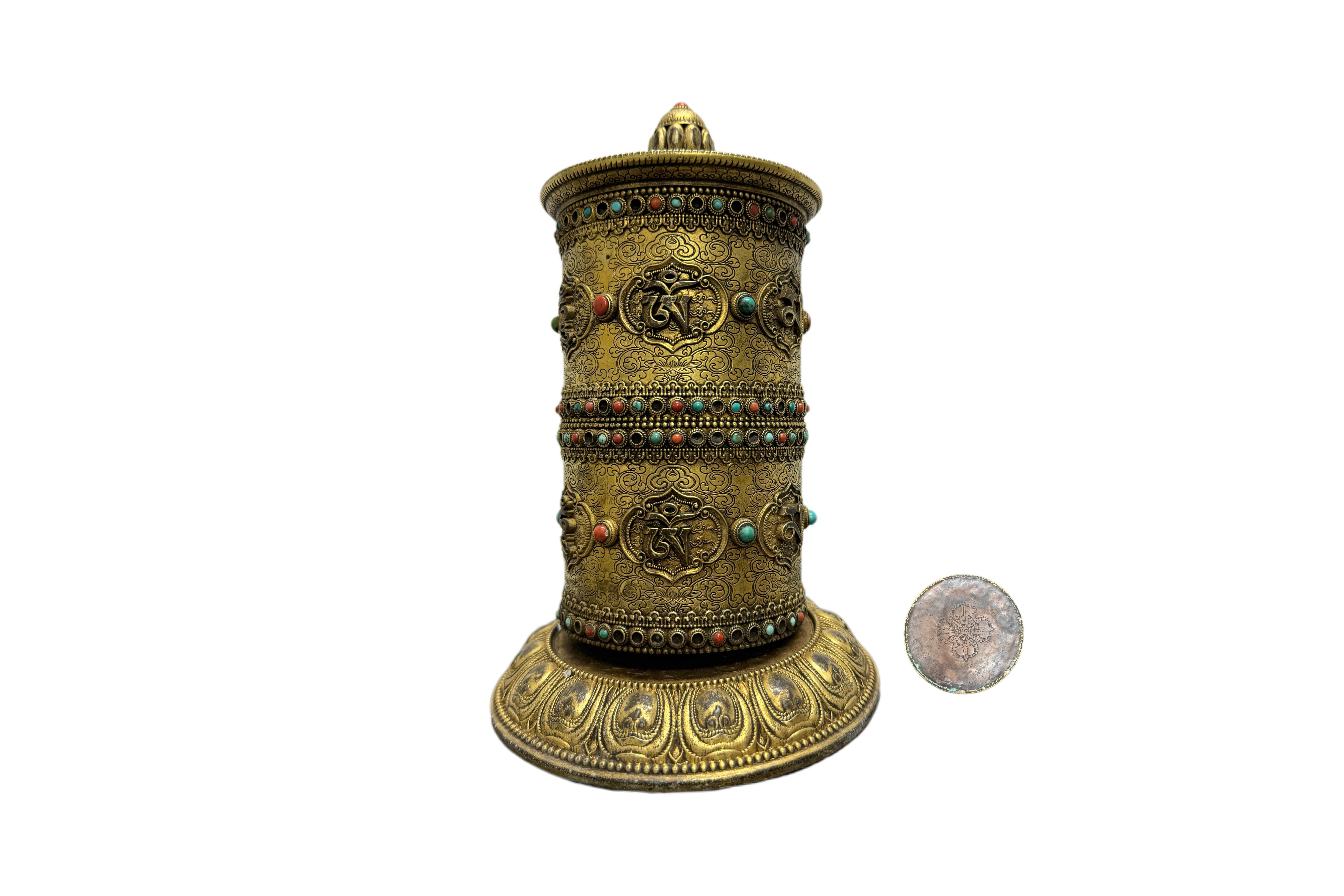 Gilt-bronze gem-inlaid prayer wheel