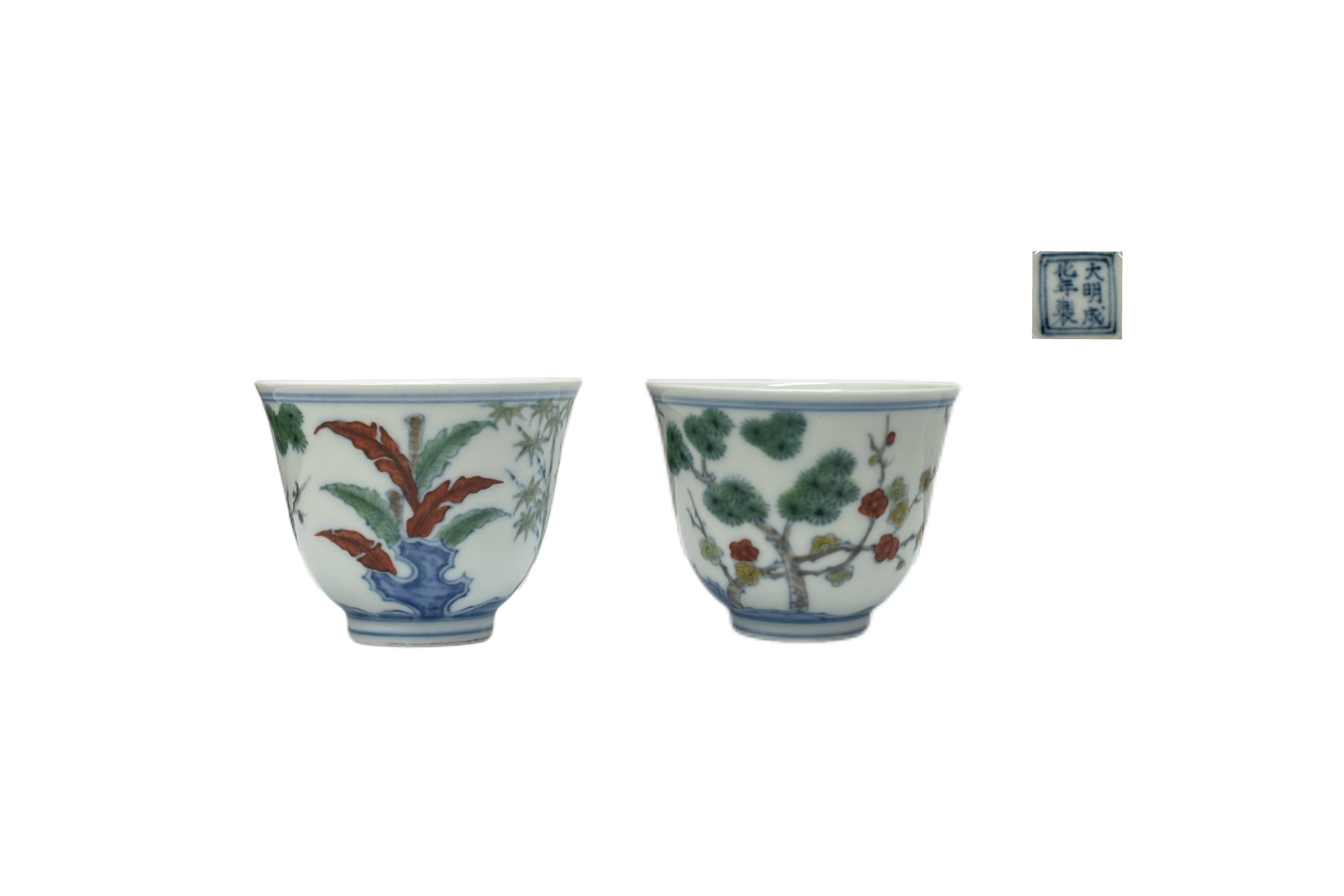 A Pair of Chenghua Doucai Cups with Pine, Bamboo, and Plum Blossom Patterns