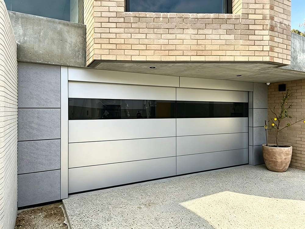 Flush Aluminium Solid Panel Overhead Garage Door with Horizontal Dark Tinted Glass Windows