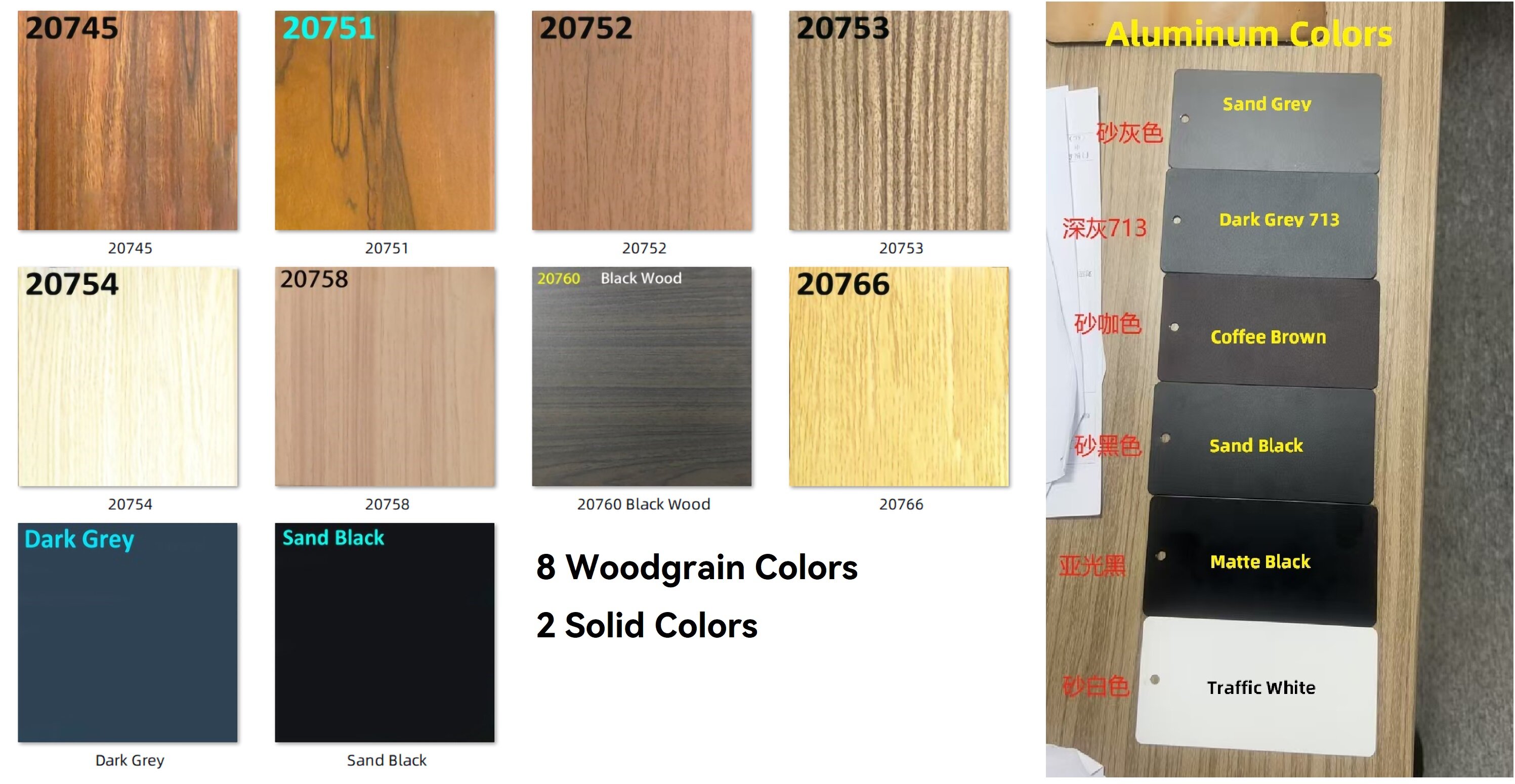 Four aluminium panel samples in different RAL color finishes arranged for comparison