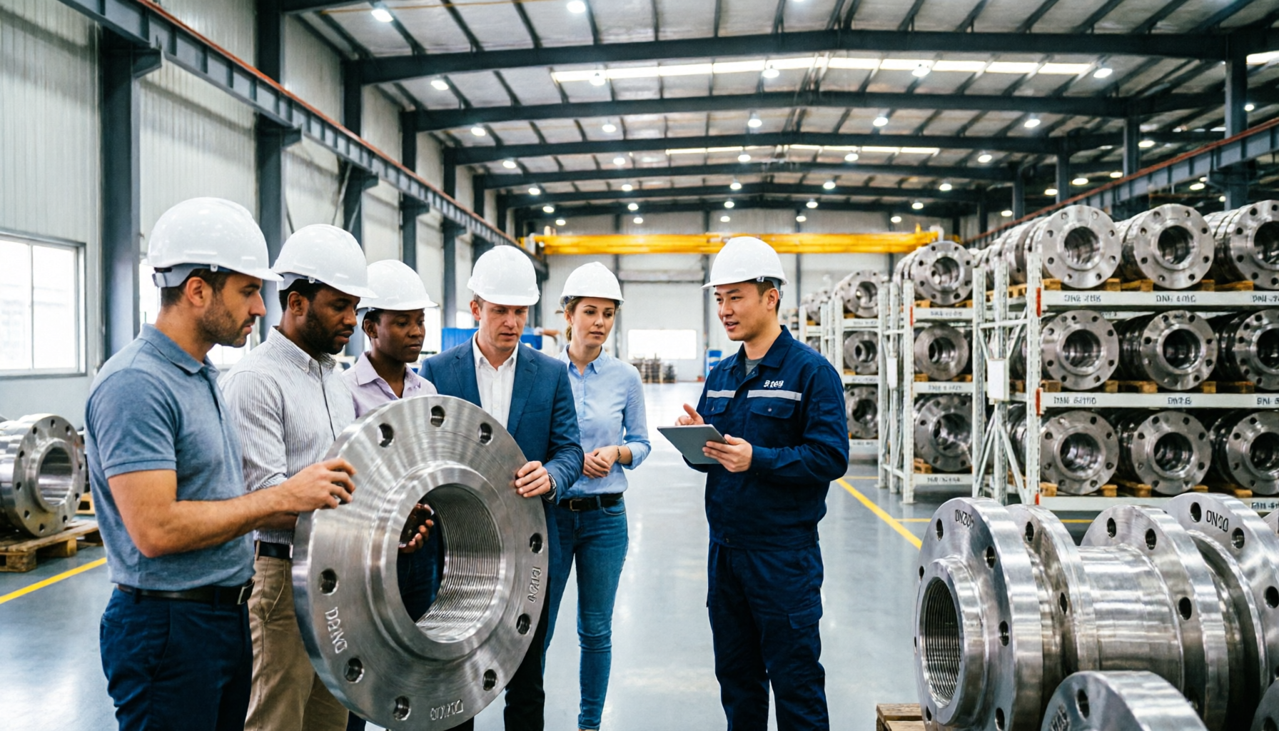 International visitors touring flange factory