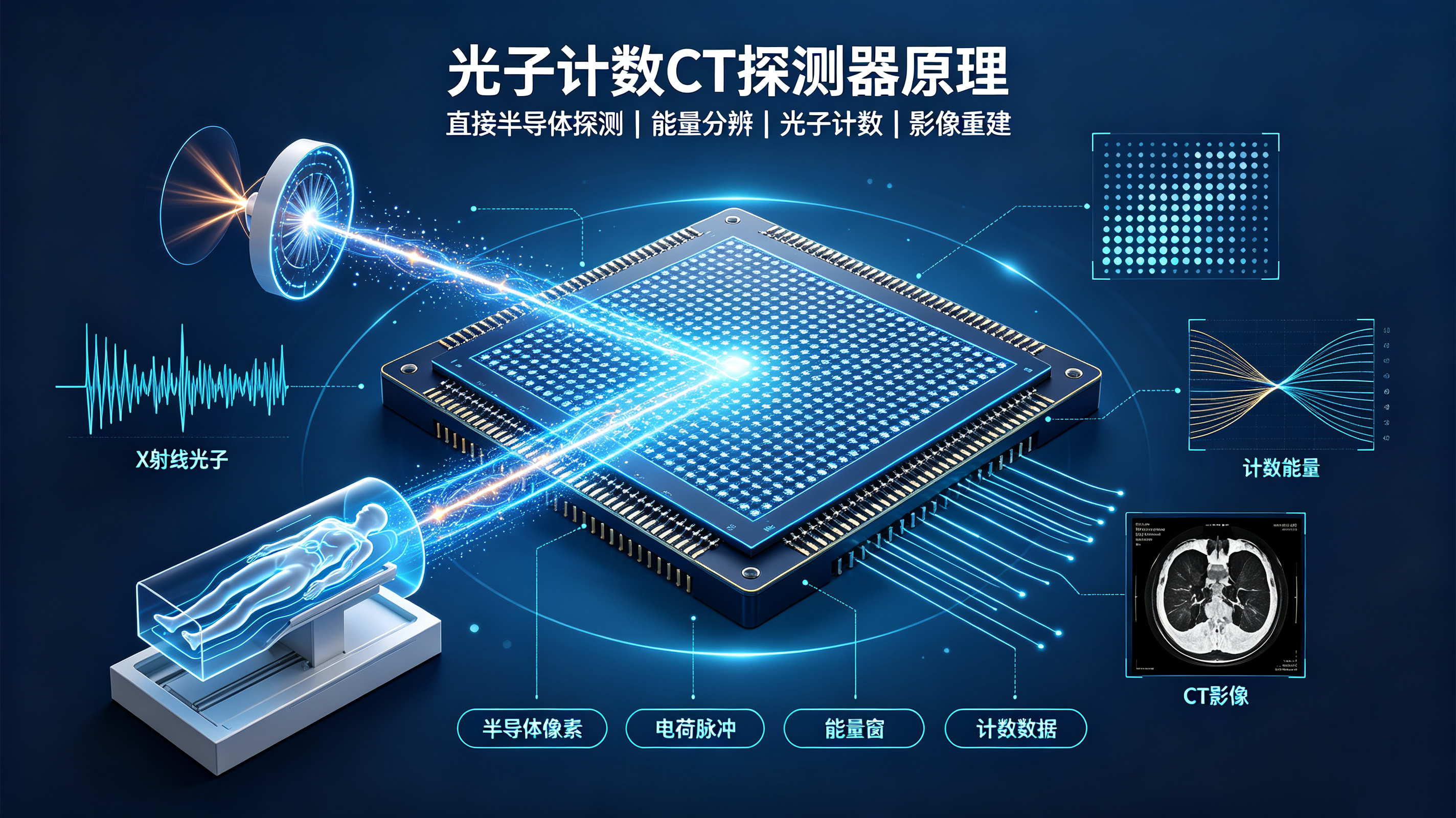光子计数CT探测器原理示意图:X射线光子穿过人体后被半导体像素阵列探测,经电荷脉冲、能量窗与计数数据生成CT影像