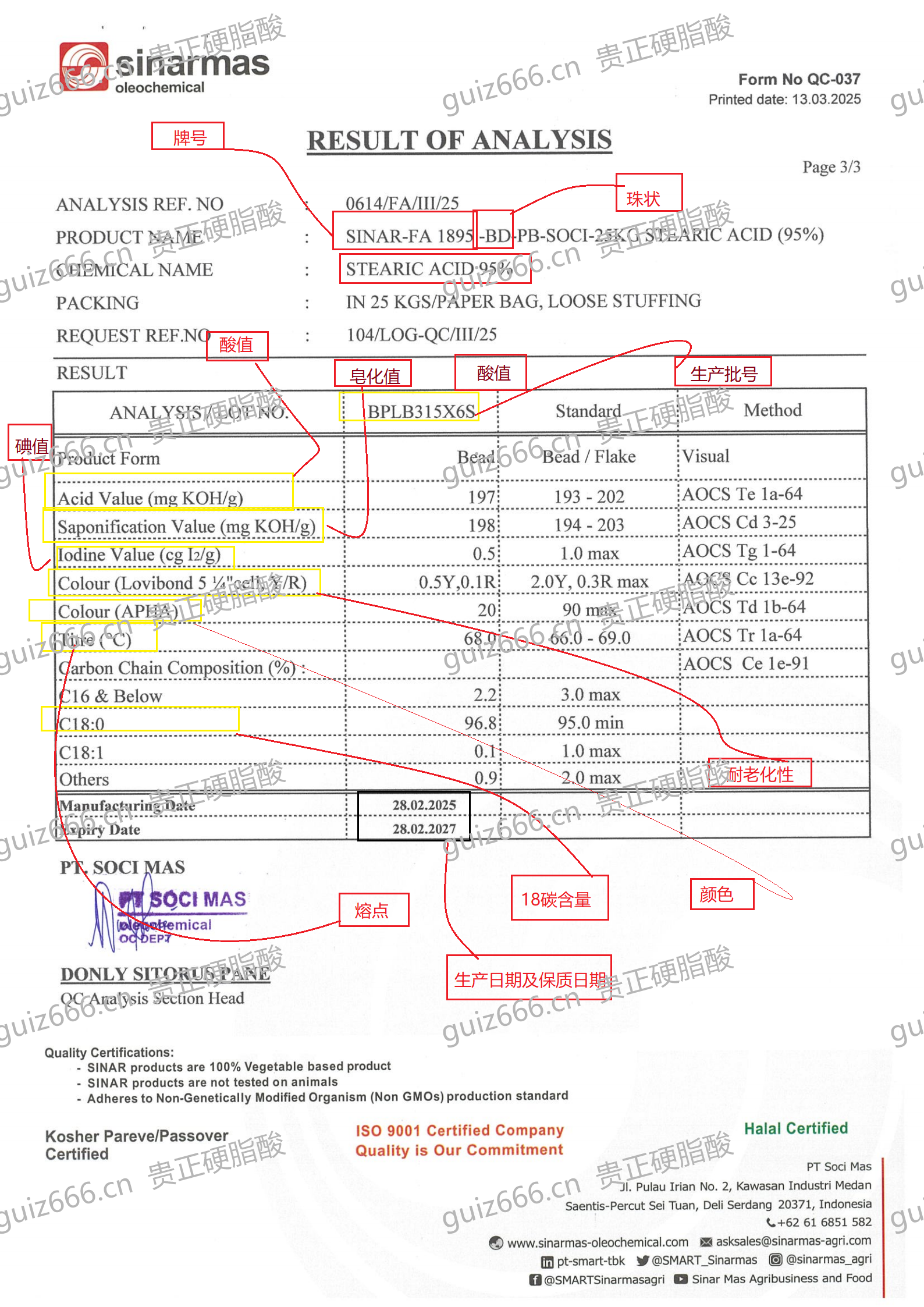 COA Test Report - Stearic Acid FA1895-BD