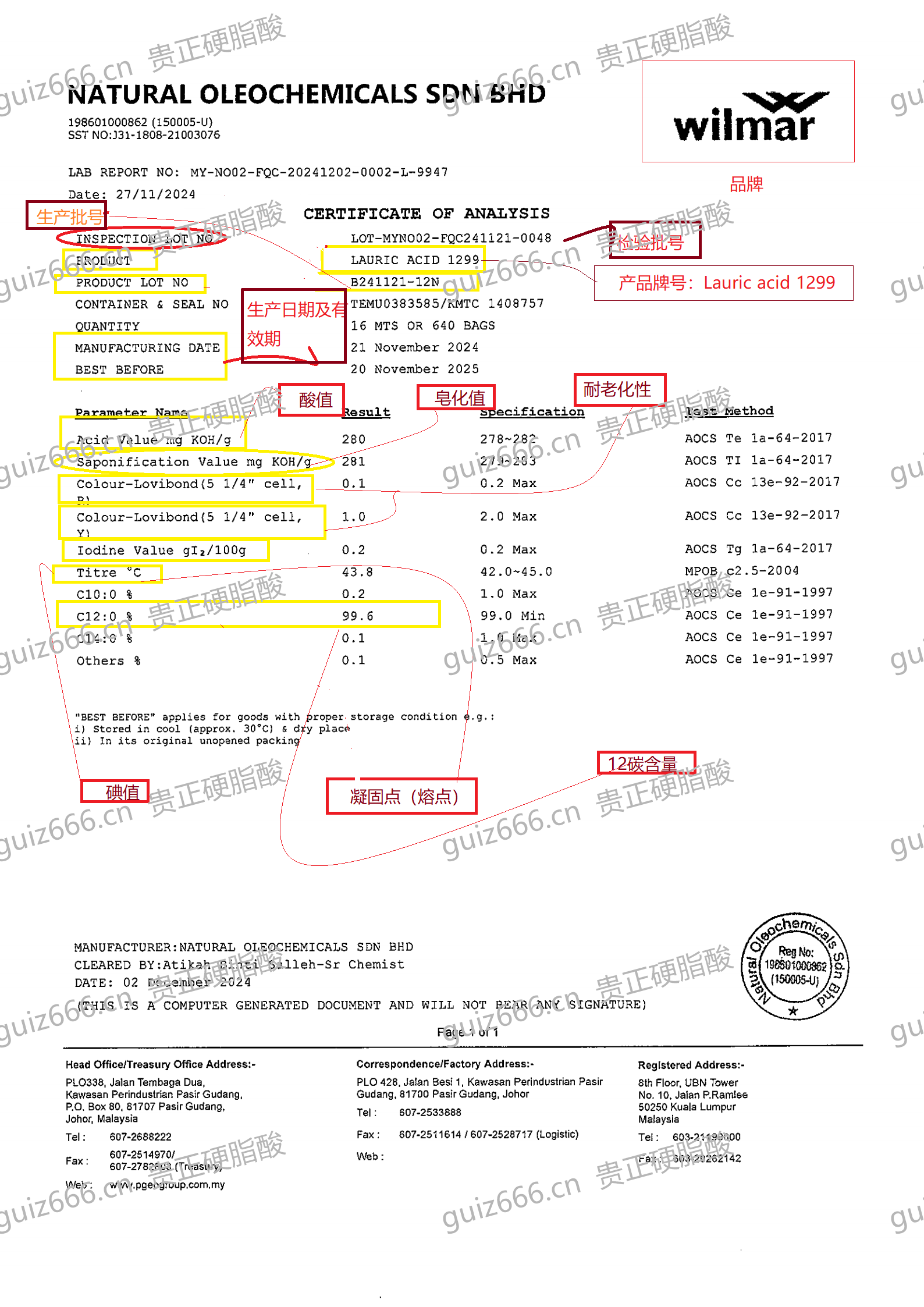 COA Report · Wilmar Lauric Acid 1299