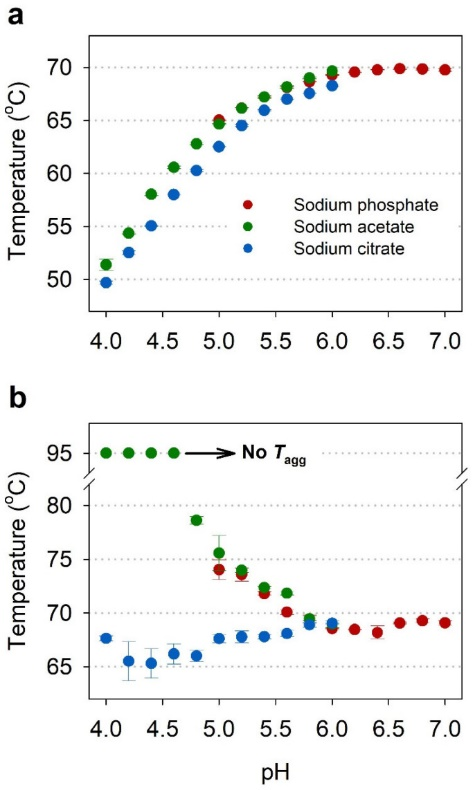 Effect of pH and buffer species on Tm and Tagg of IgG