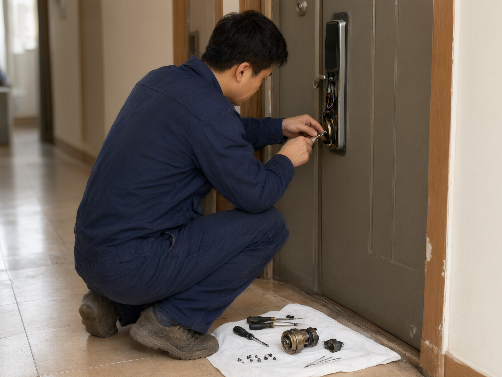锁具维修技师在公寓门旁检测智能锁故障