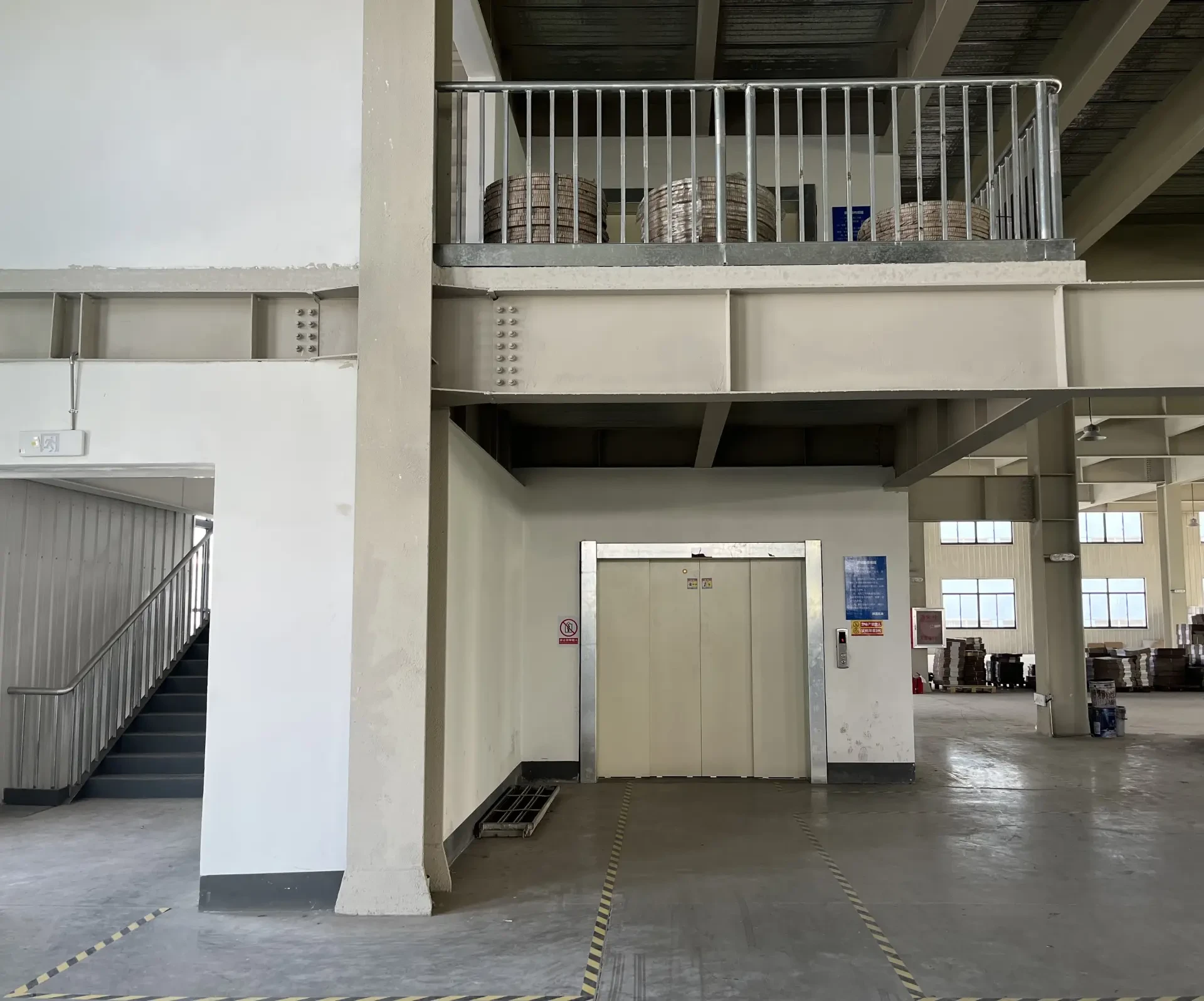 Safety stairs and freight elevator