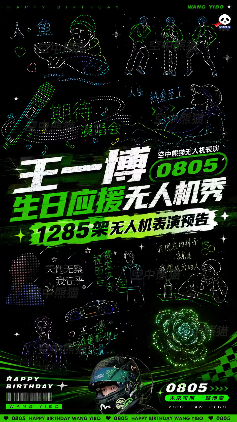 王一博生日应援无人机表演|空中熊猫无人机表演用1285架无人机灯光秀点亮洛阳夜空,在天空写下祝福