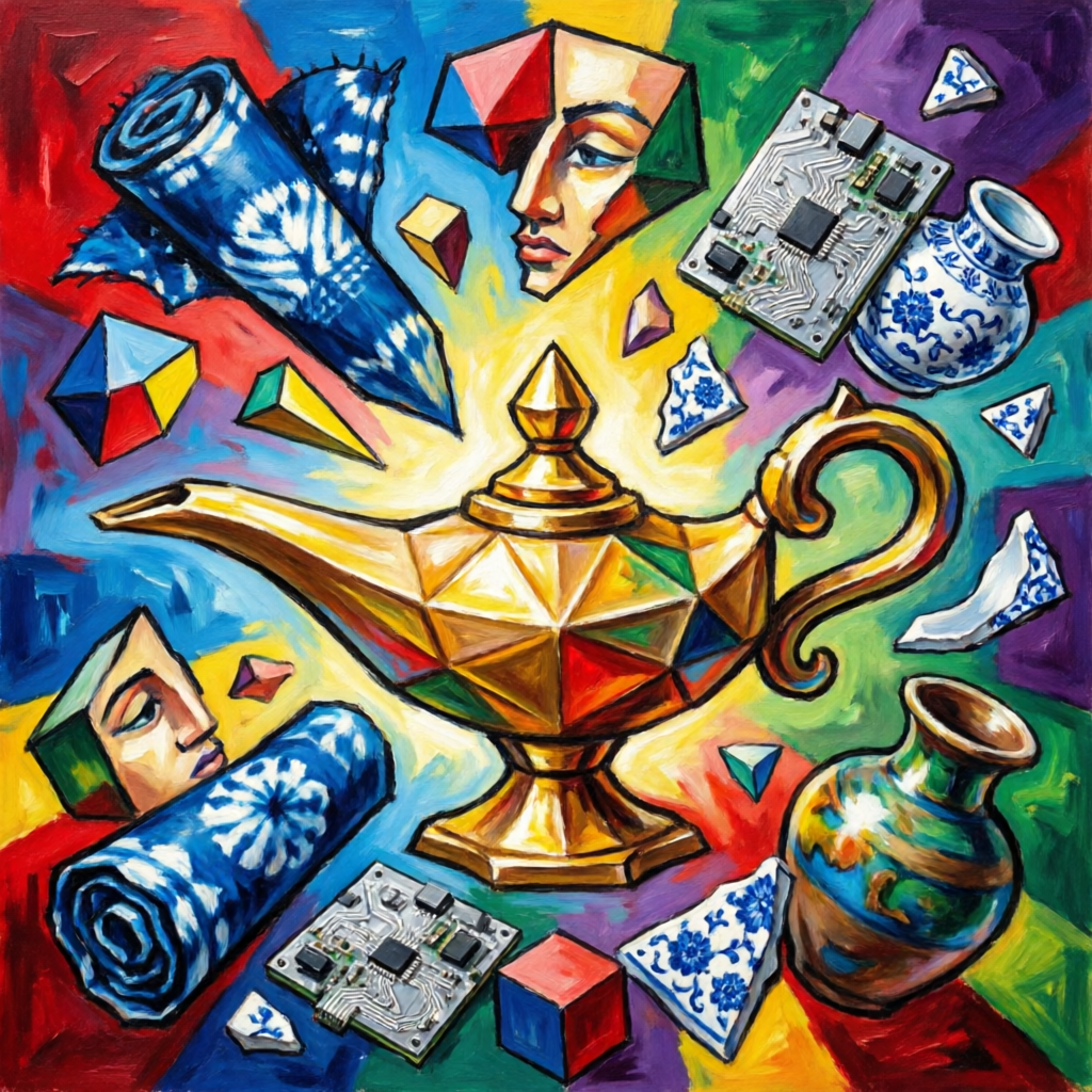 Picasso-style cubist artwork depicting global trade and magic lamp