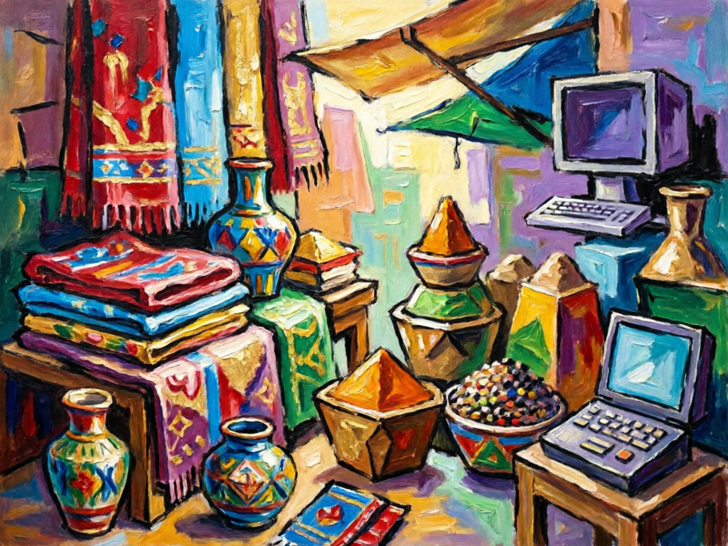 Picasso-style cubist marketplace scene