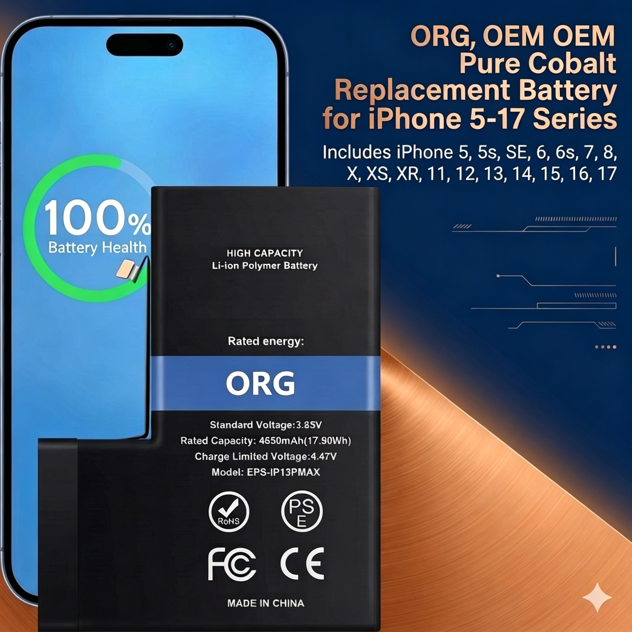 ORG OEM Pure Cobalt Replacement Battery for iPhone 5-17 Series