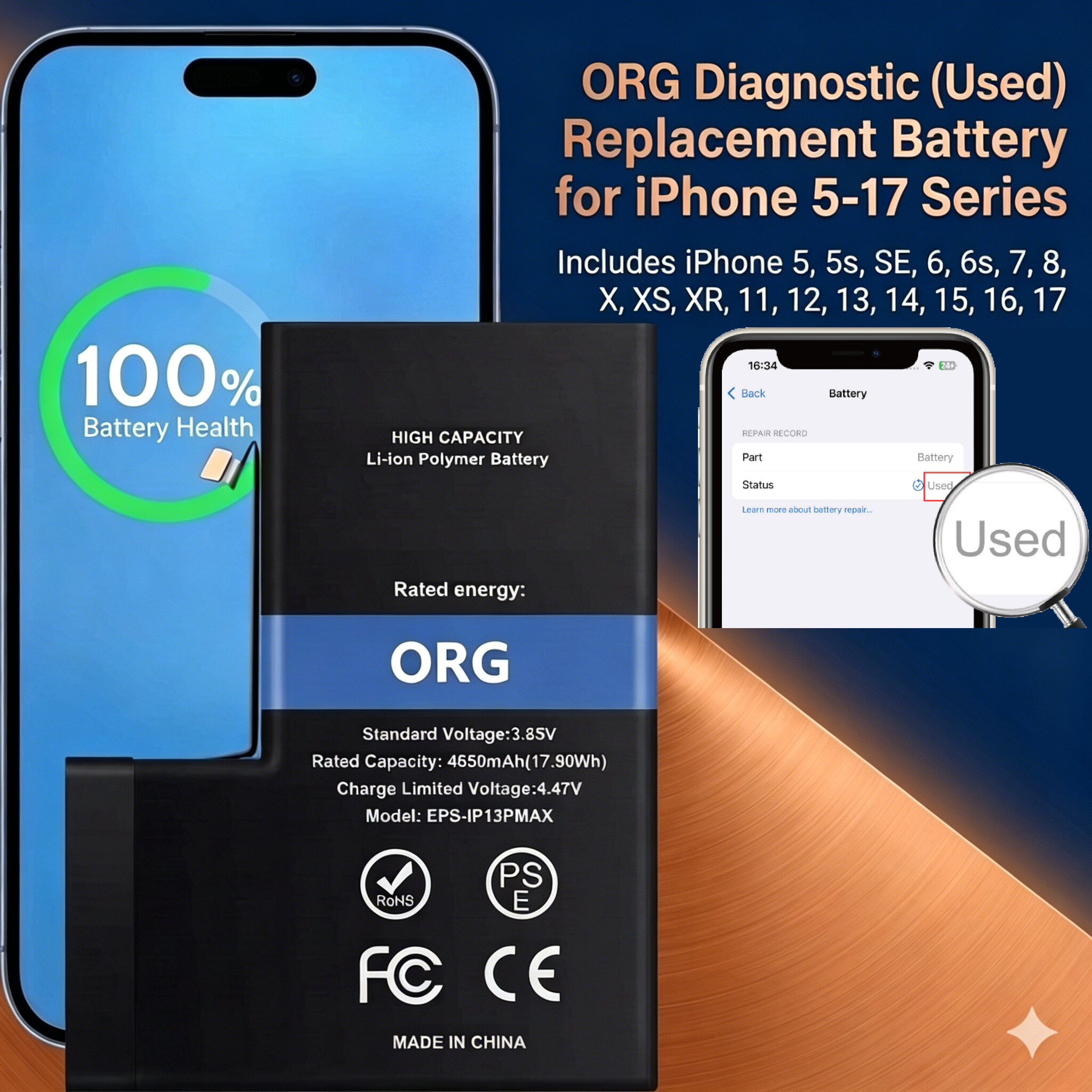 ORG Diagnostic (Used) Replacement Battery for iPhone 5-17 Series