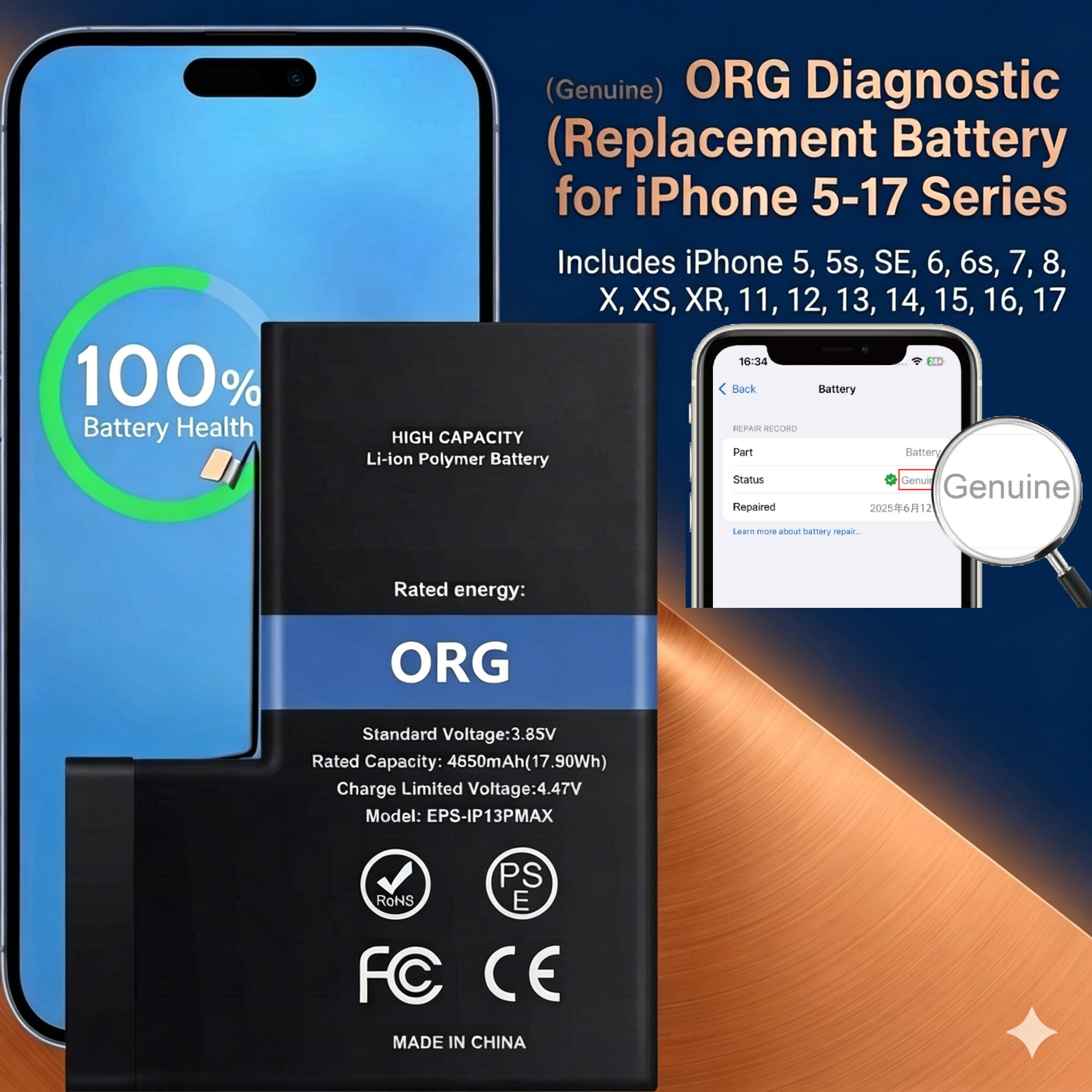 ORG Diagnostic (Genuine)  Replacement Battery for iPhone 5-17 Series