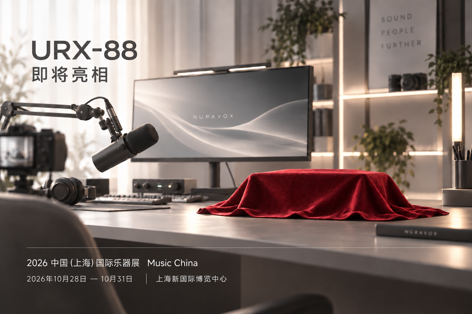 URX-88 新品预告：低矮设备覆以红色布料，置于桌面创作场景，计划于 Music China 2026 对外亮相。展会日期为2026年10月28日至31日，地点为上海新国际博览中心。