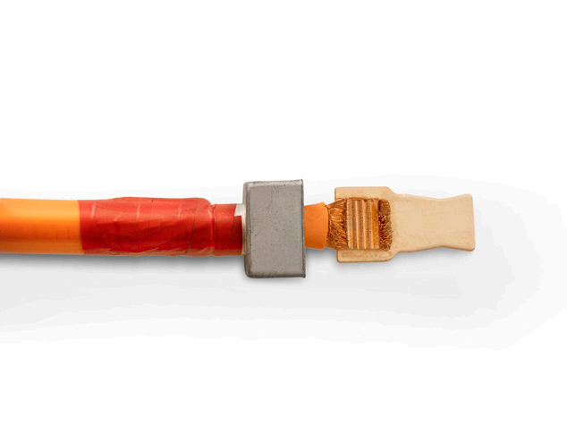 Orange cable with heat-shrink tubing and welded terminal sample