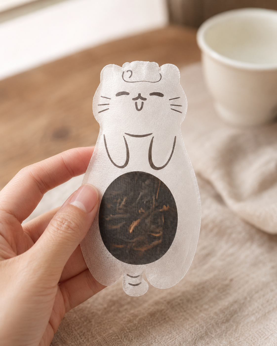 手持猫猫形状透明茶包