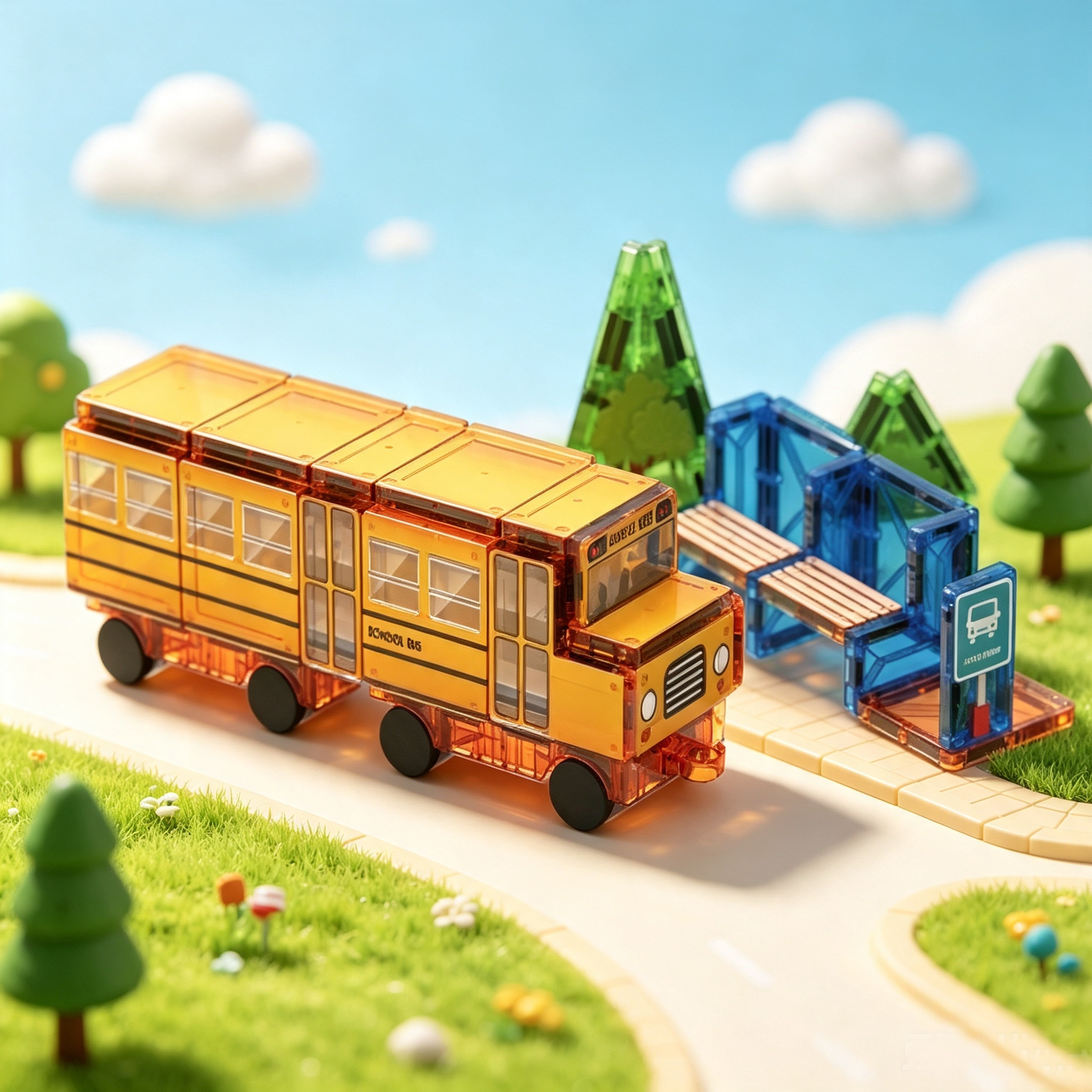 School Bus+Digital Cognition magnetic tiles 42pcs
