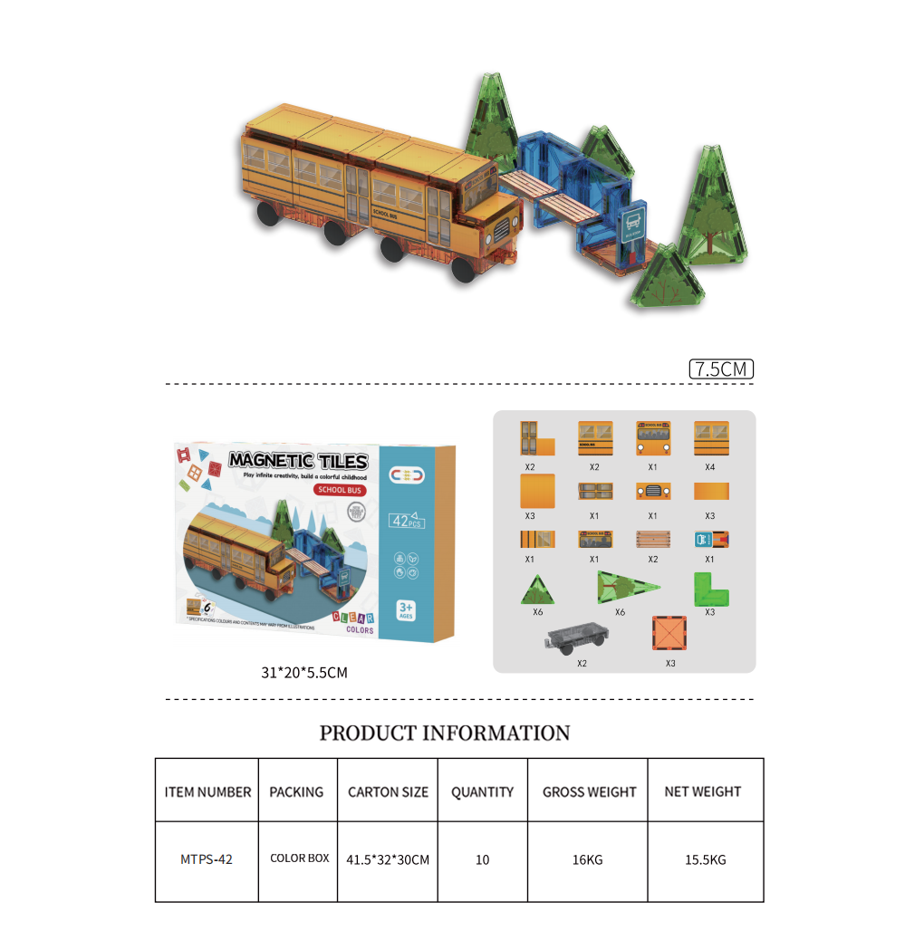 School Bus+Digital Cognition magnetic tiles 42pcs