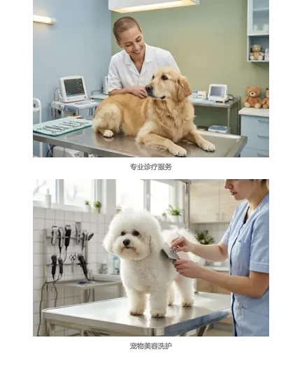 医生在诊室为金毛犬进行听诊与身体检查