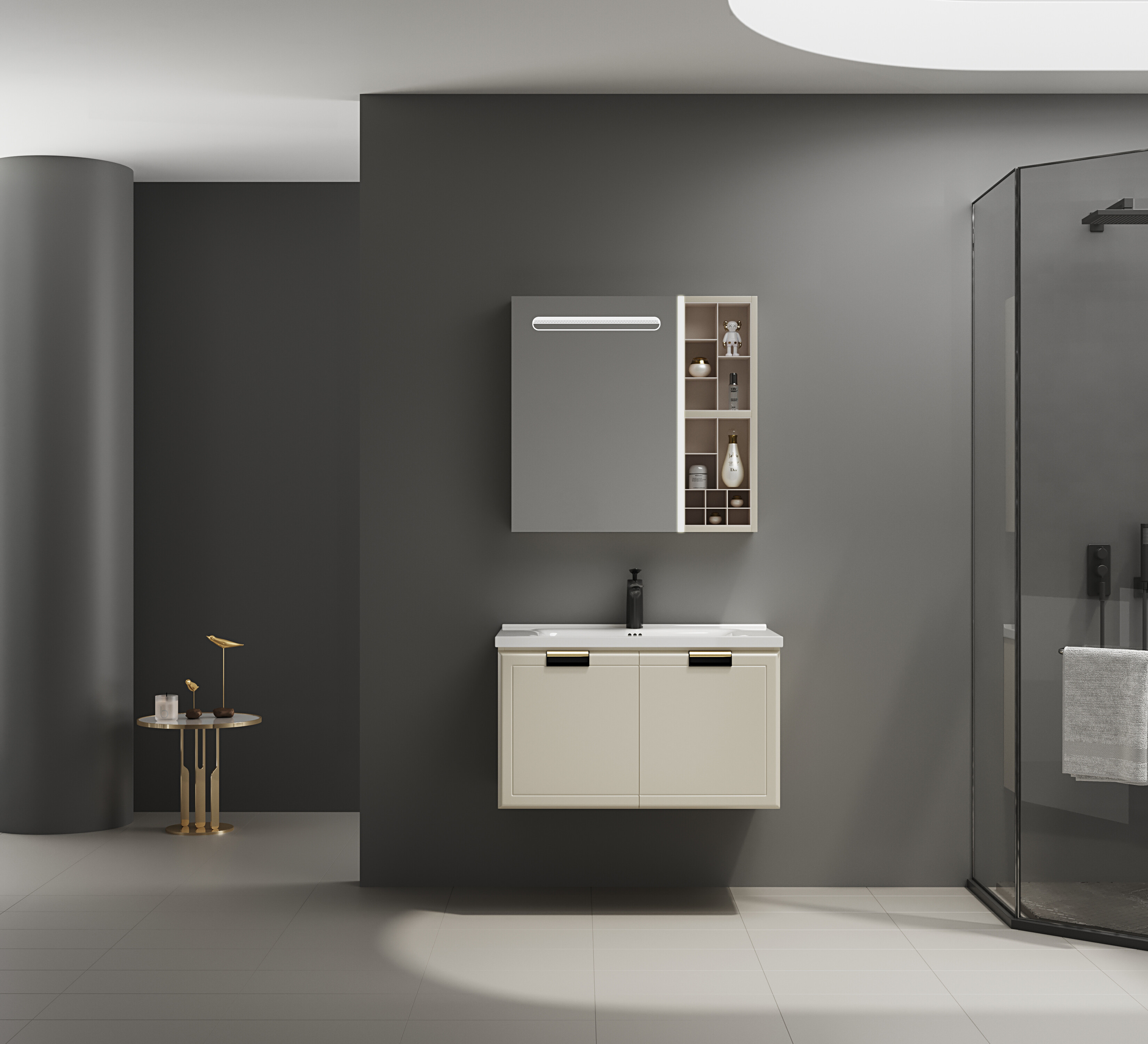ET-V025 Corner Bathroom Vanity with LED Mirror Cabinet