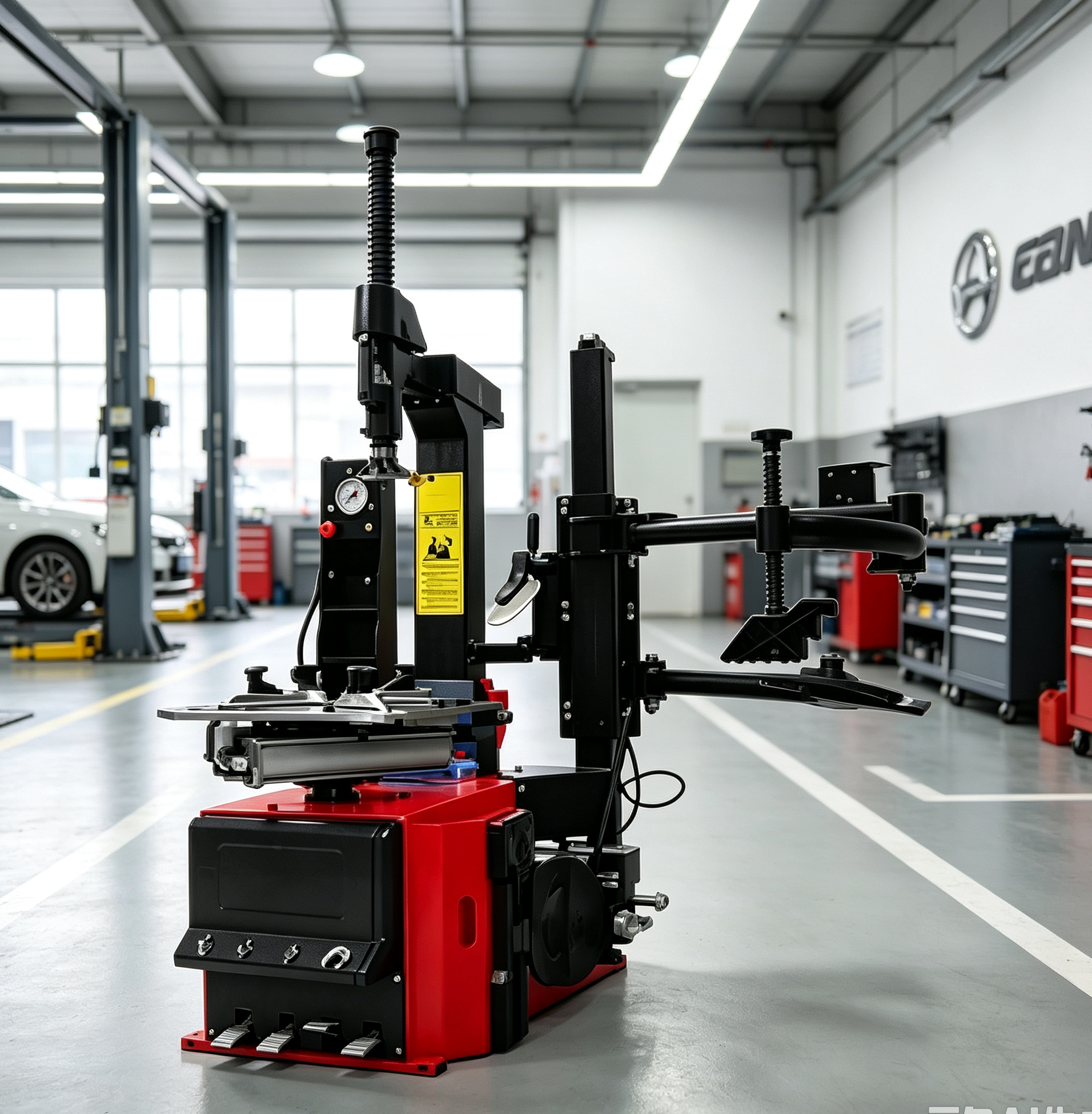 Professional garage equipment and tyre service tools in automotive workshop