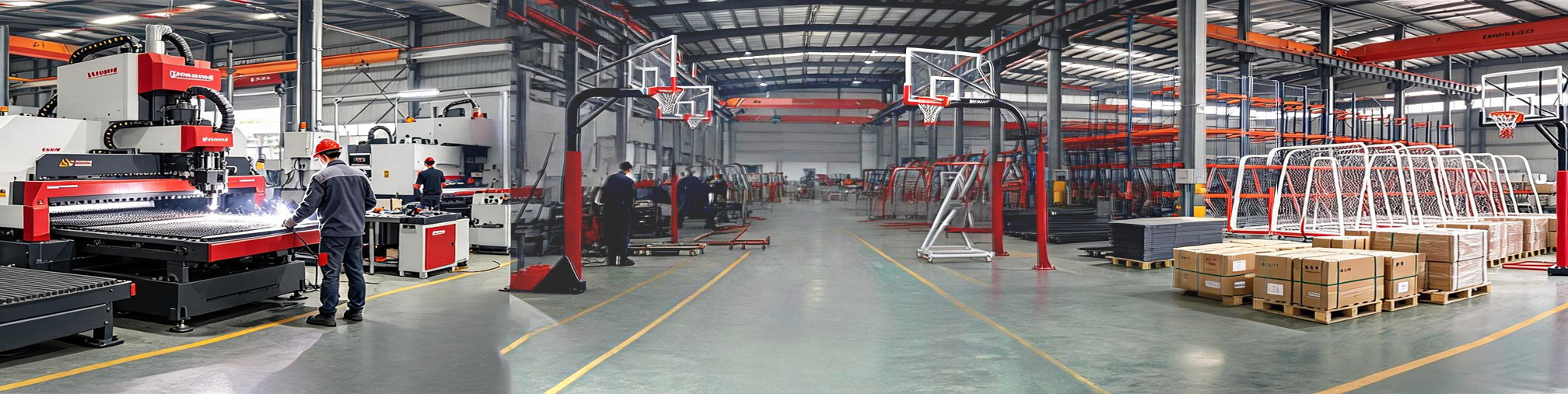 Wonderful Sports factory interior showing basketball hoops, soccer goals, pickleball posts, table tennis tables and production equipment