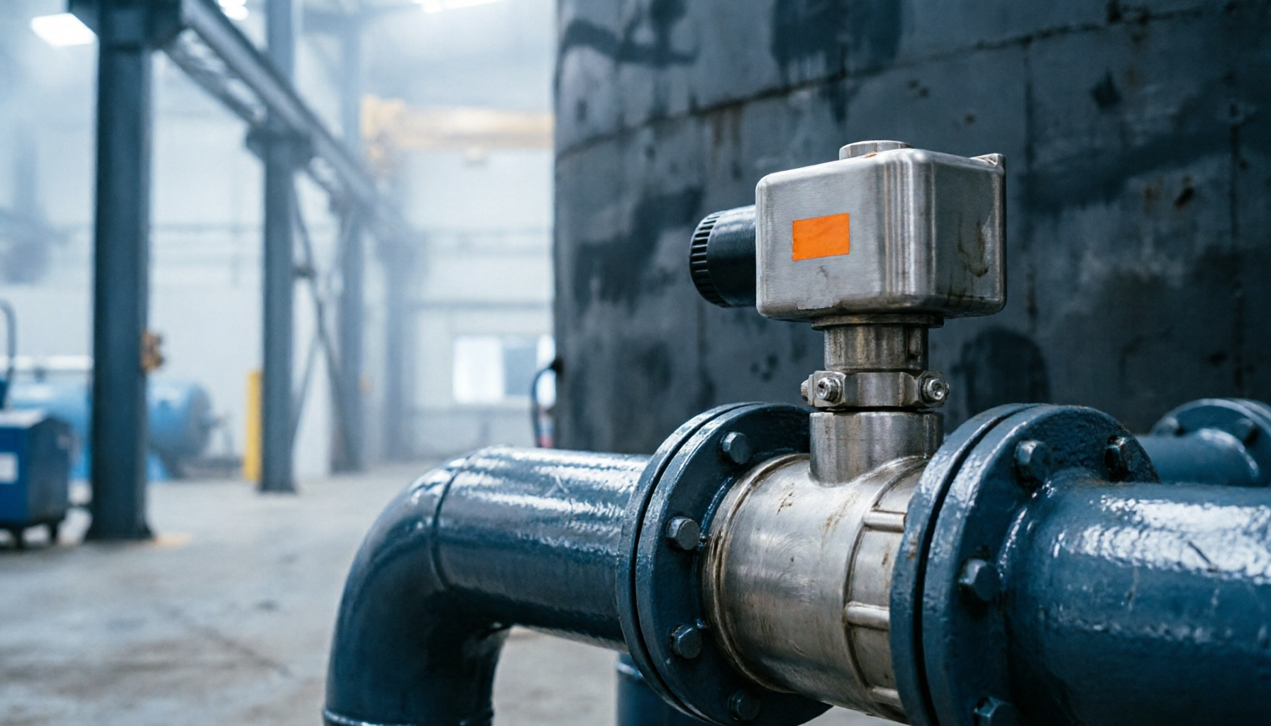 Solenoid valves installed on an industrial water treatment pipeline